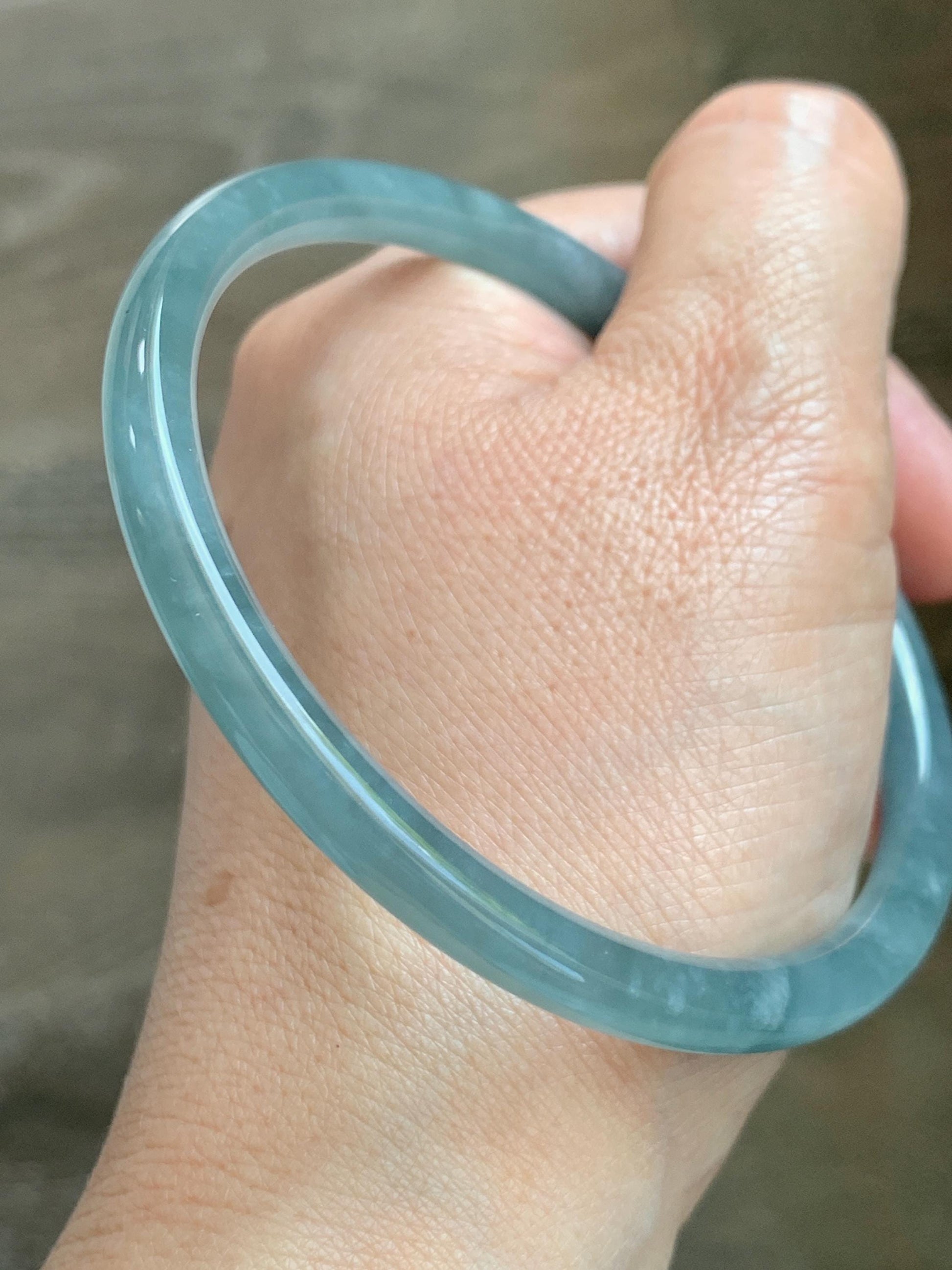 Certified Natural Grade A Guatemalan Icy Translucent Dusty Teal Blue Jade Jadeite Slim Bangle 65.69mm 8.12” 23.5g 天然冰胶危蓝绿翡翠细圆条手镯 1211