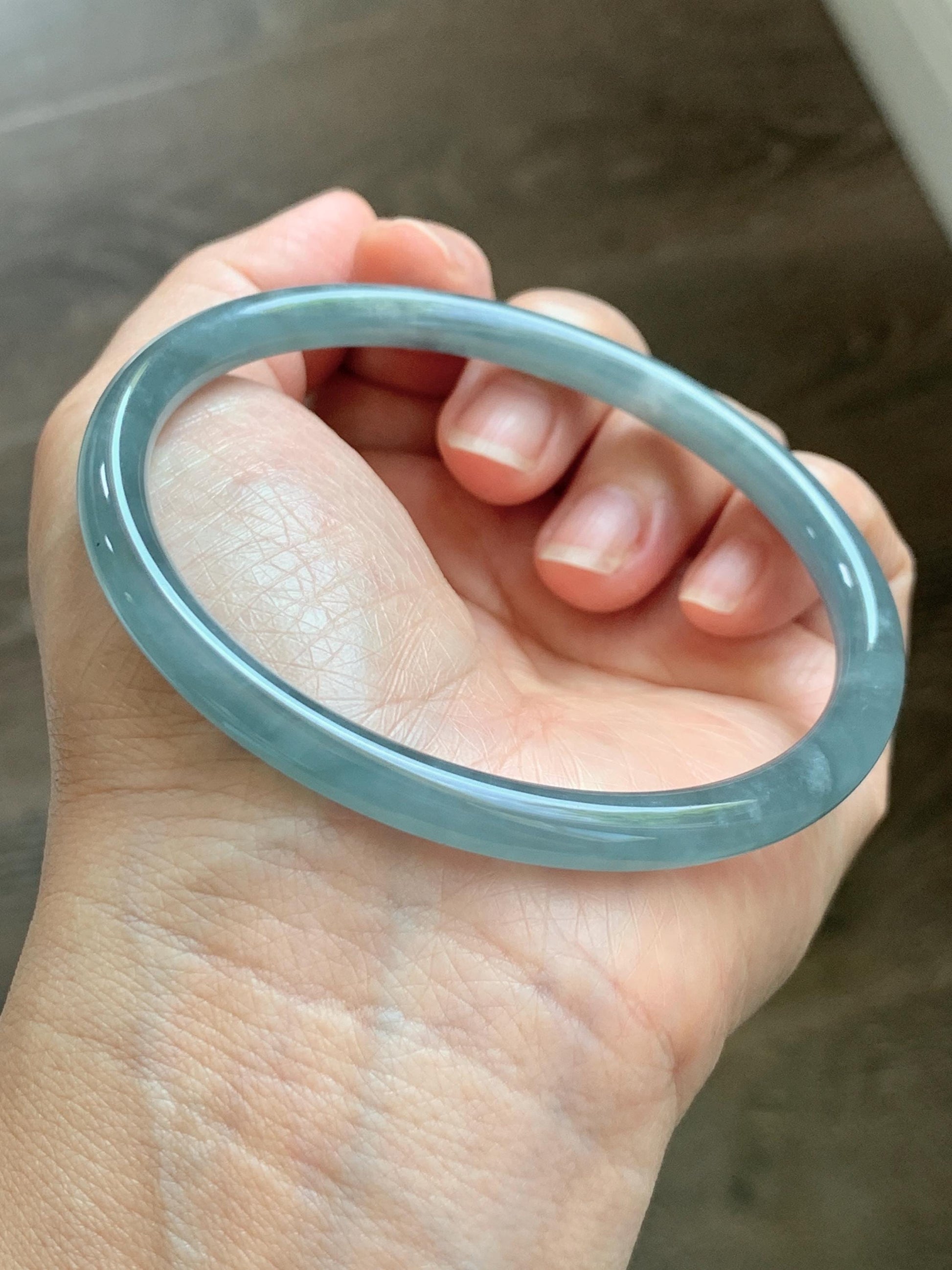 Certified Natural Grade A Guatemalan Icy Translucent Dusty Teal Blue Jade Jadeite Slim Bangle 65.69mm 8.12” 23.5g 天然冰胶危蓝绿翡翠细圆条手镯 1211