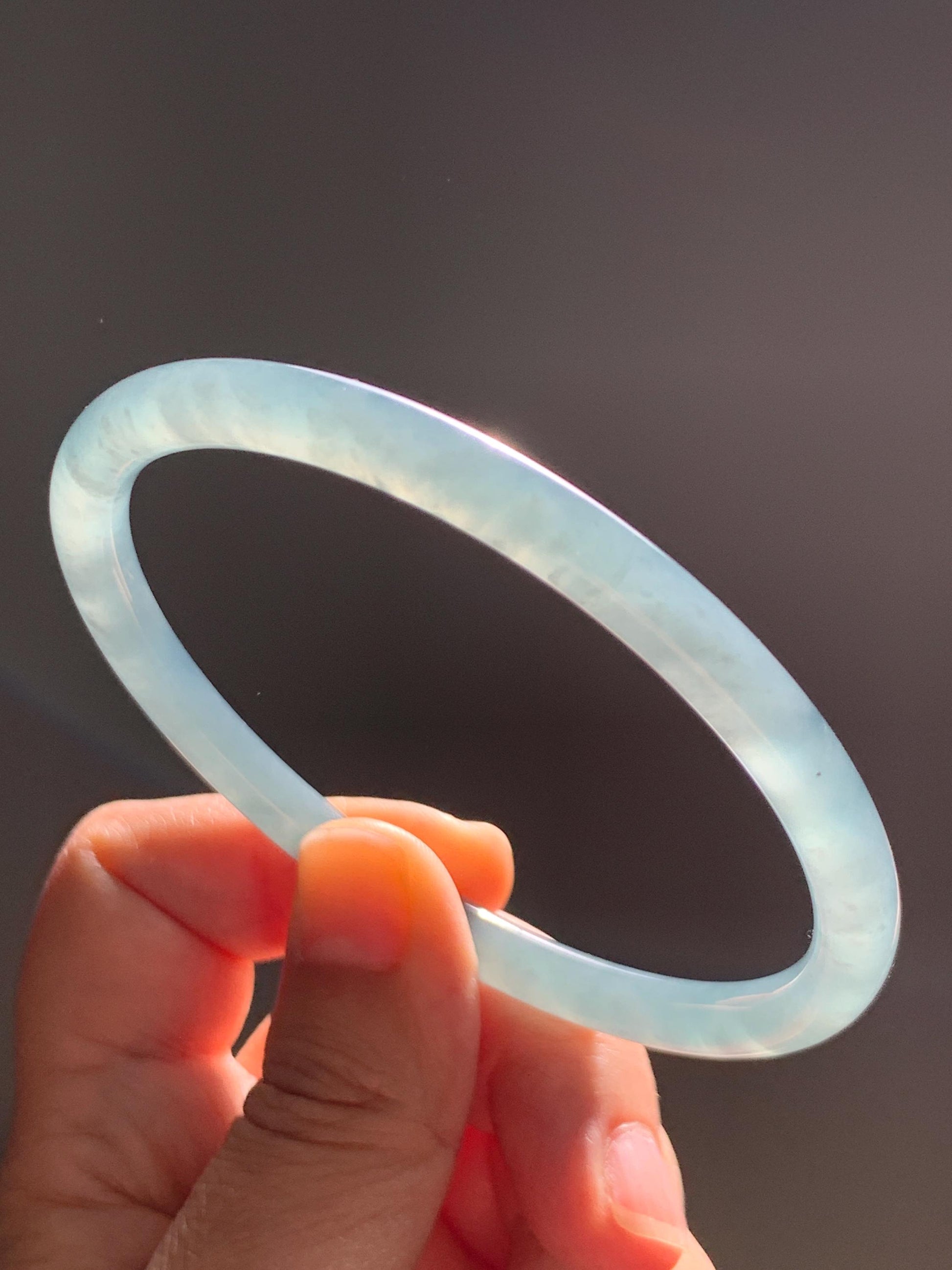 Certified Natural Grade A Guatemalan Icy Translucent Dusty Teal Blue Jade Jadeite Slim Bangle 65.69mm 8.12” 23.5g 天然冰胶危蓝绿翡翠细圆条手镯 1211