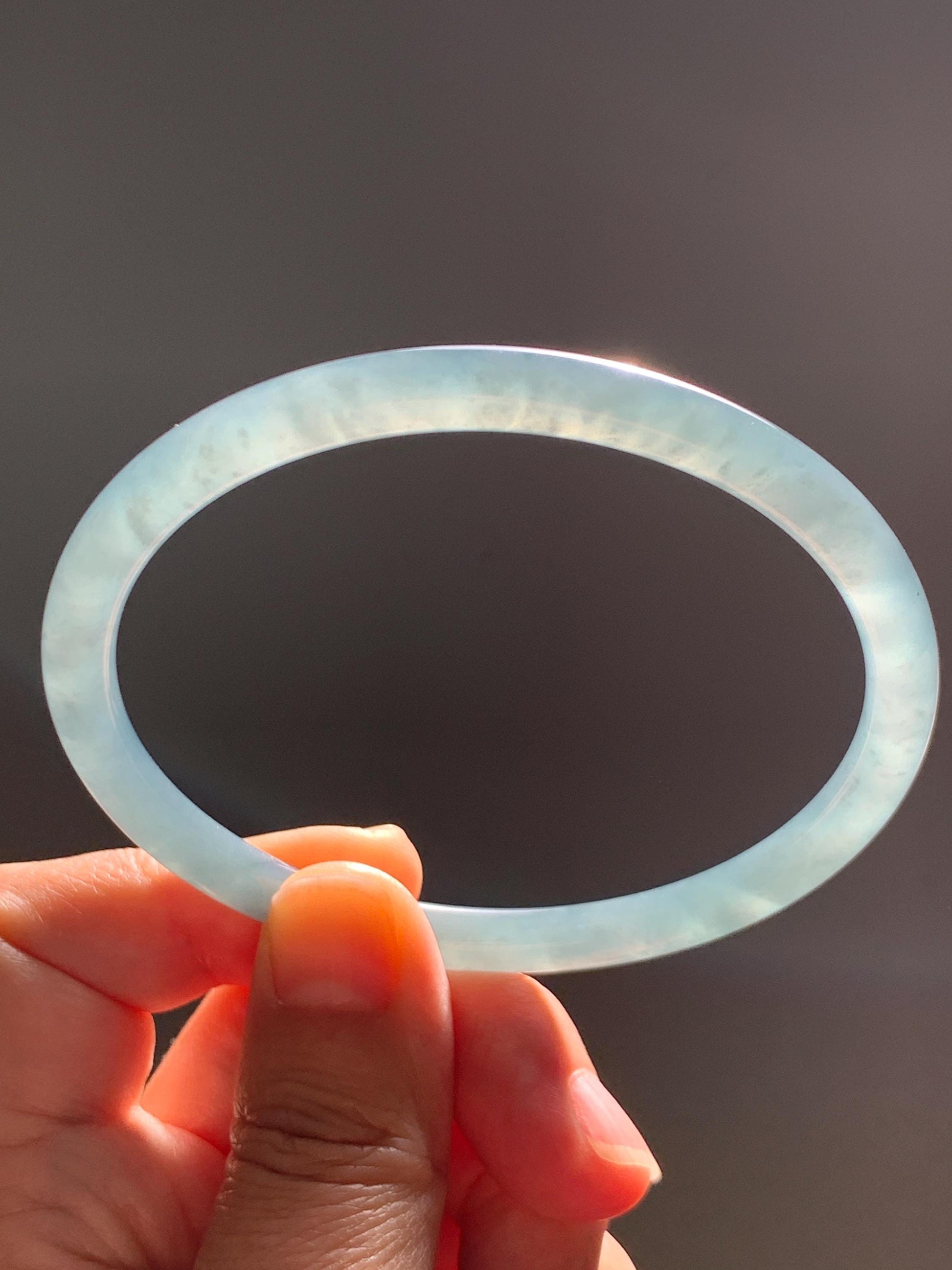Certified Natural Grade A Guatemalan Icy Translucent Dusty Teal Blue Jade Jadeite Slim Bangle 65.69mm 8.12” 23.5g 天然冰胶危蓝绿翡翠细圆条手镯 1211