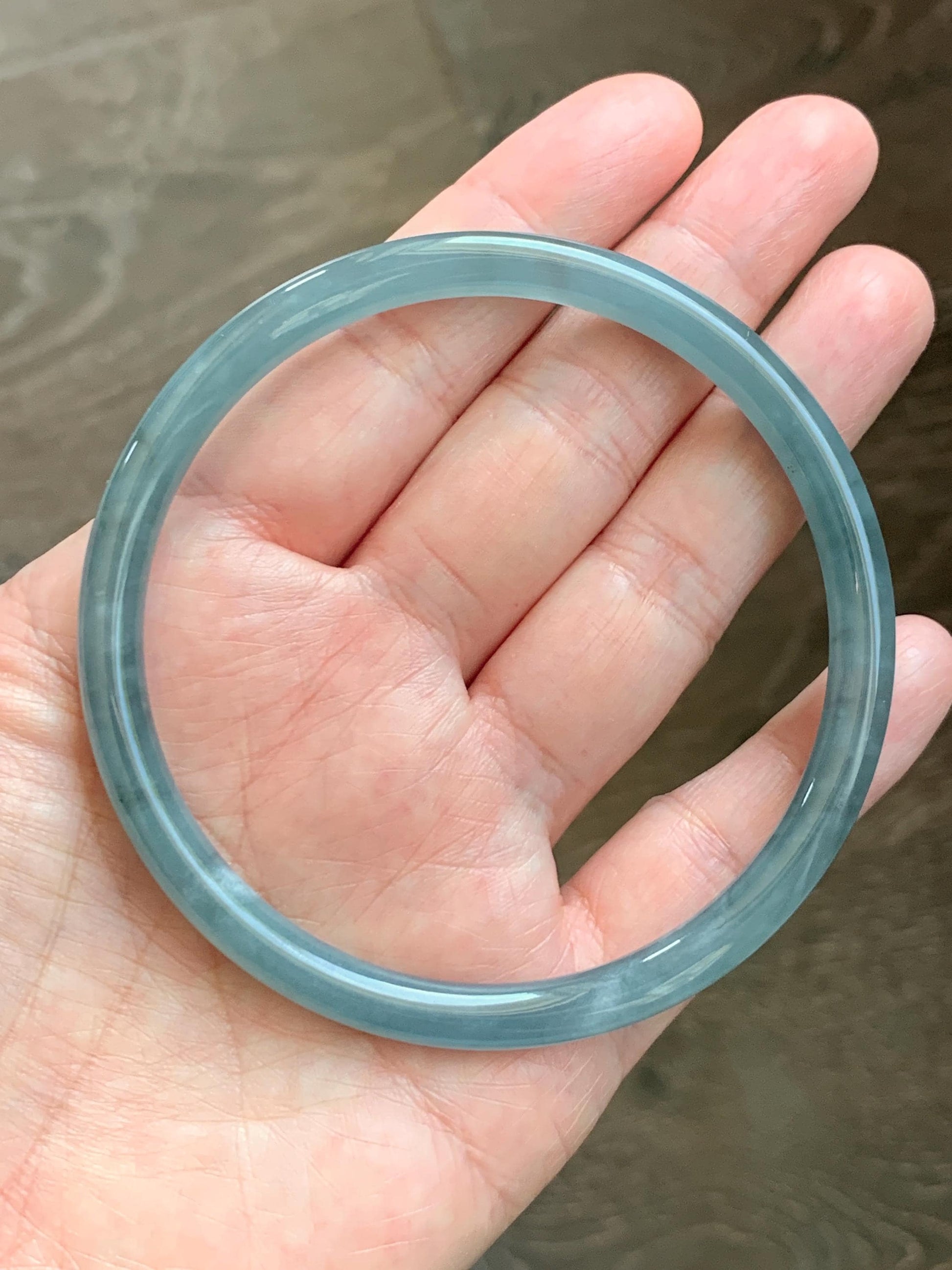 Certified Natural Grade A Guatemalan Icy Translucent Dusty Teal Blue Jade Jadeite Slim Bangle 65.69mm 8.12” 23.5g 天然冰胶危蓝绿翡翠细圆条手镯 1211