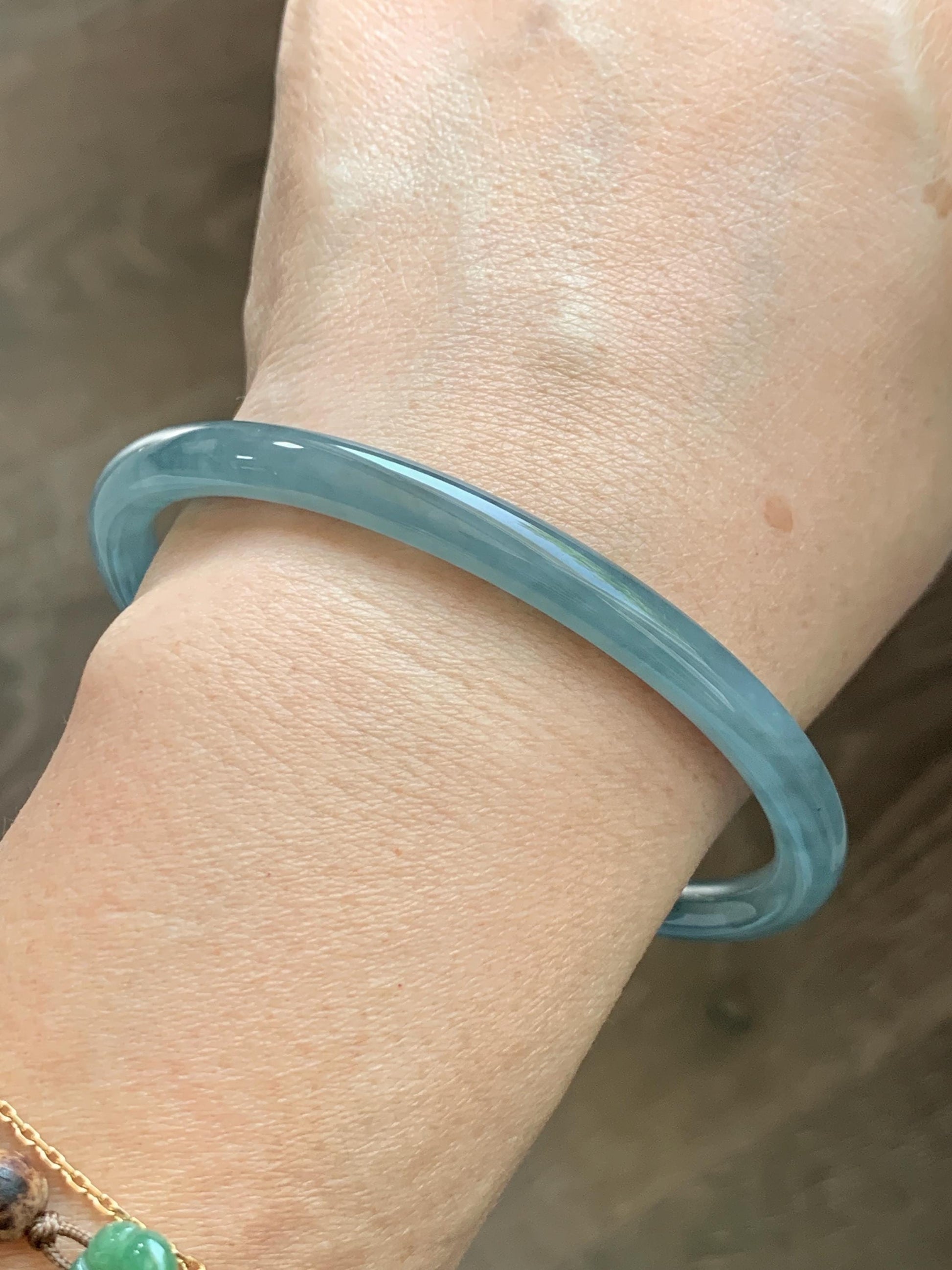 Certified Natural Grade A Guatemalan Icy Translucent Dusty Teal Blue Jade Jadeite Slim Bangle 65.69mm 8.12” 23.5g 天然冰胶危蓝绿翡翠细圆条手镯 1211