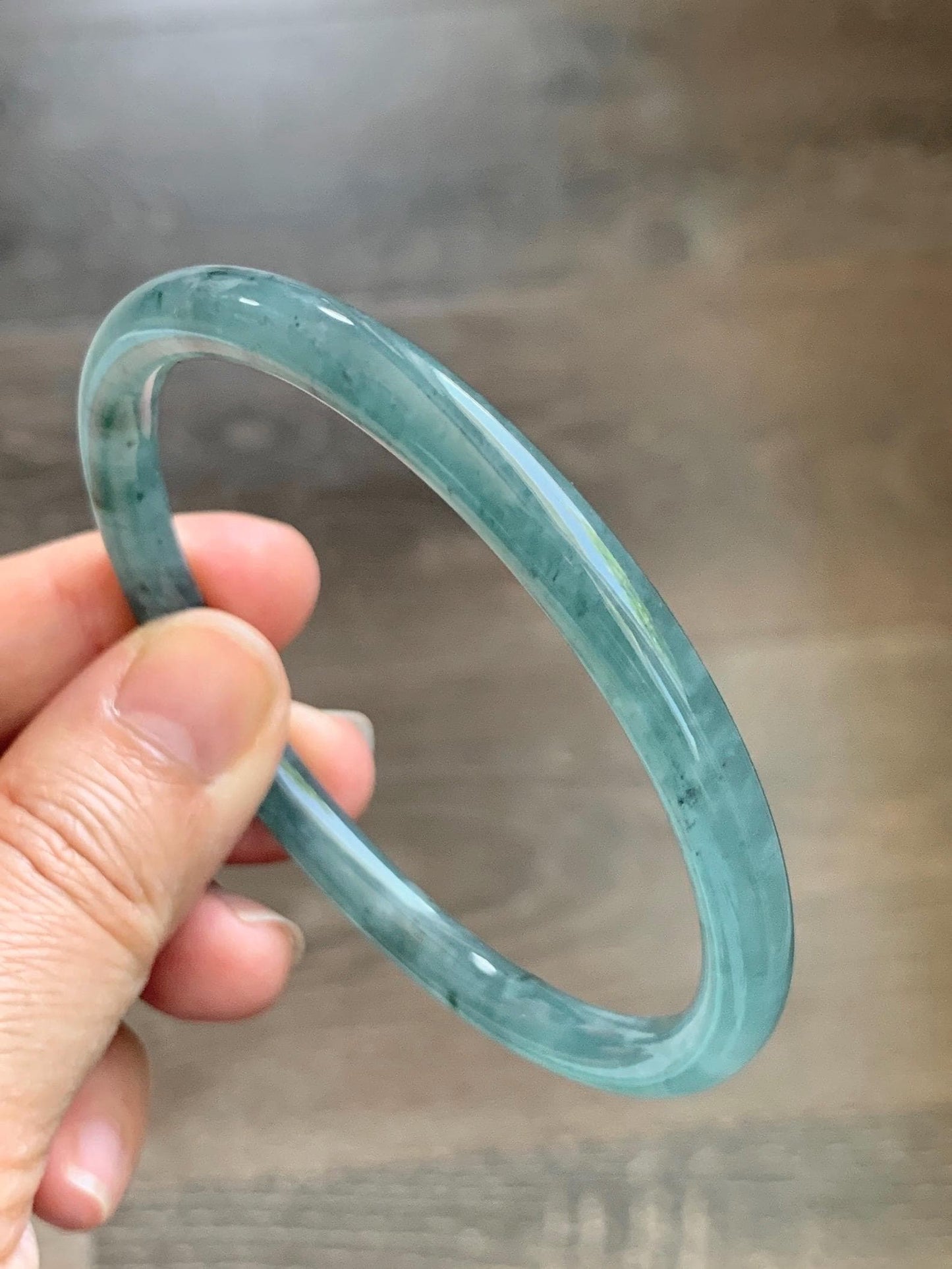 Certified Natural Grade A Guatemalan Icy Translucent Dusty Teal Green Jade Jadeite Slim Bangle 62.65mm 7.74” 22.85g 天然冰胶危蓝绿翡翠细圆条手镯 1219