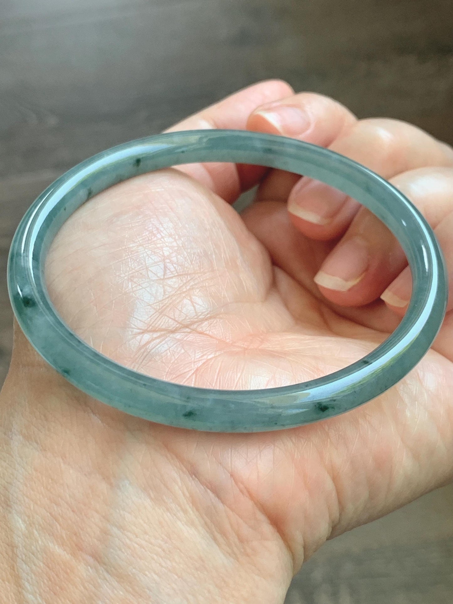 Certified Natural Grade A Guatemalan Icy Translucent Dusty Teal Green Jade Jadeite Slim Bangle 62.65mm 7.74” 22.85g 天然冰胶危蓝绿翡翠细圆条手镯 1219