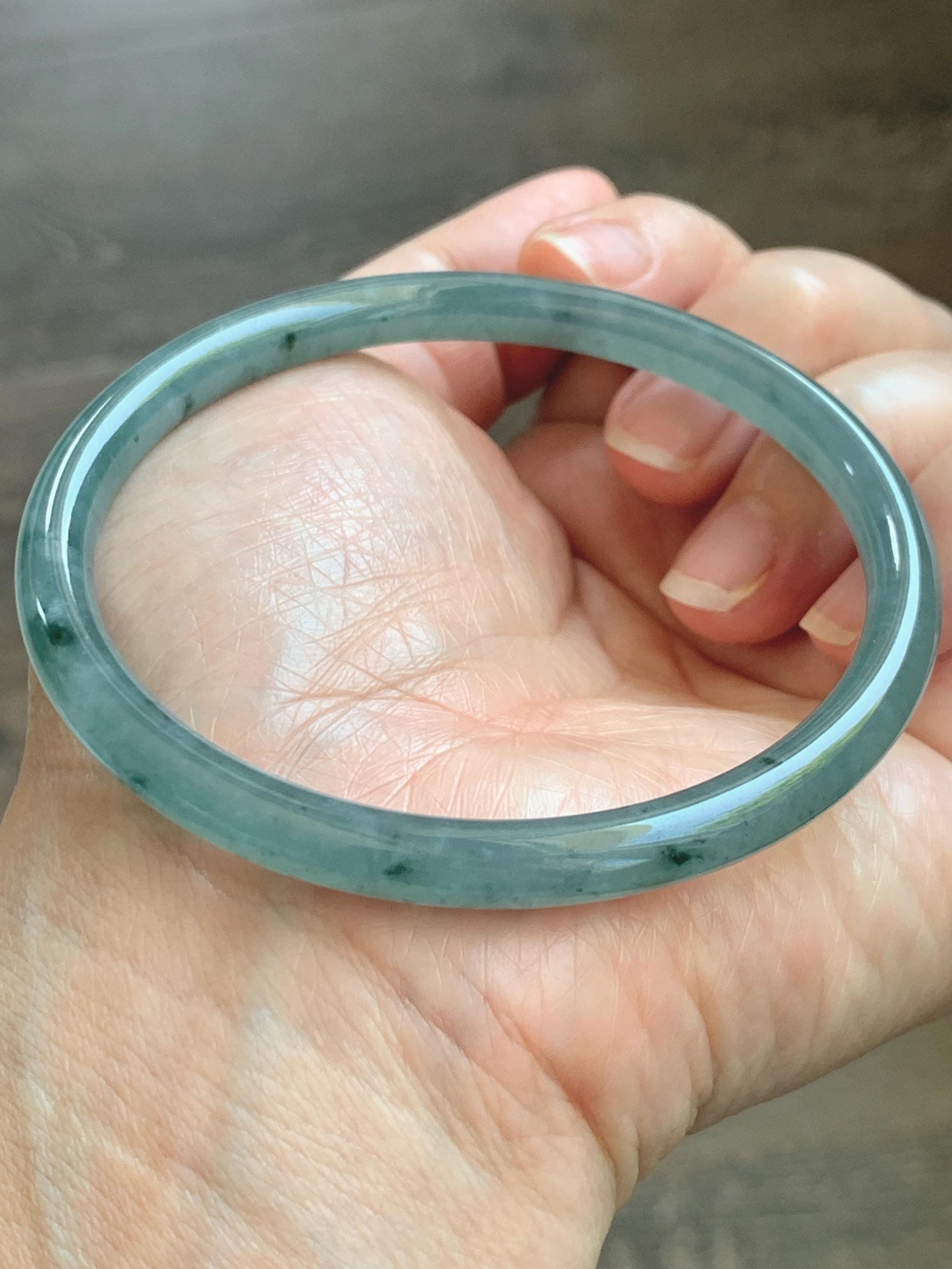 Certified Natural Grade A Guatemalan Icy Translucent Dusty Teal Green Jade Jadeite Slim Bangle 62.65mm 7.74” 22.85g 天然冰胶危蓝绿翡翠细圆条手镯 1219