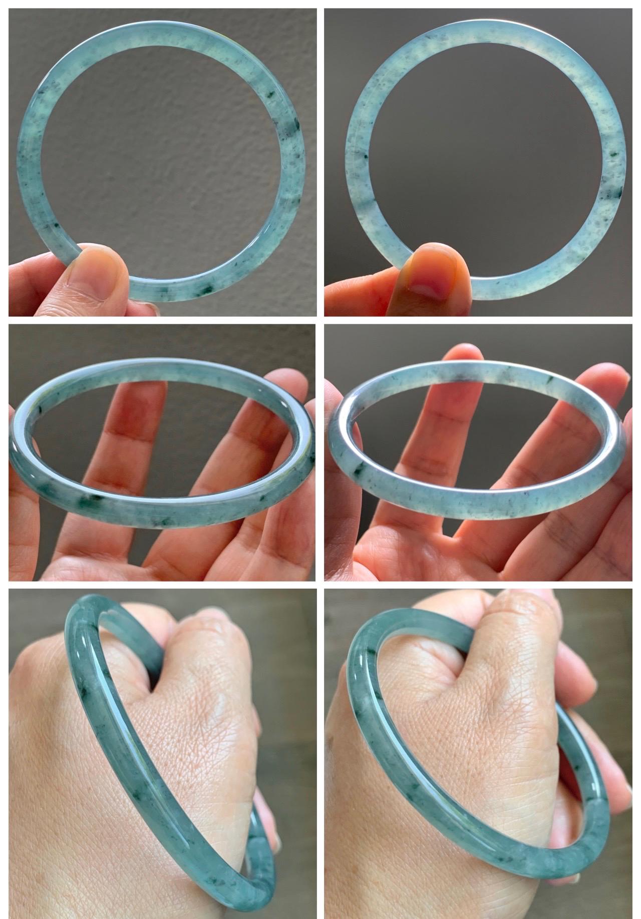 Certified Natural Grade A Guatemalan Icy Translucent Dusty Teal Green Jade Jadeite Slim Bangle 62.65mm 7.74” 22.85g 天然冰胶危蓝绿翡翠细圆条手镯 1219