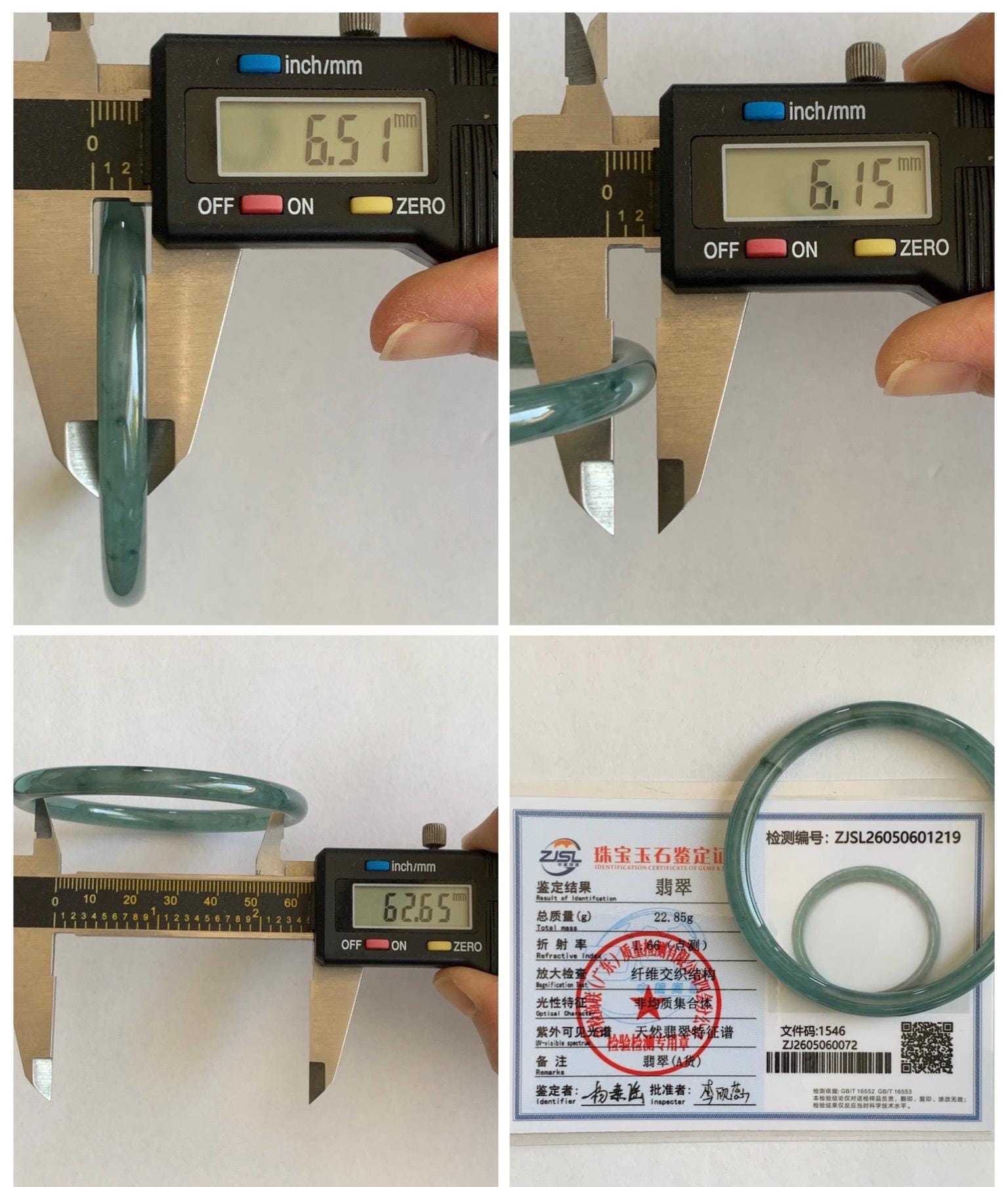 Certified Natural Grade A Guatemalan Icy Translucent Dusty Teal Green Jade Jadeite Slim Bangle 62.65mm 7.74” 22.85g 天然冰胶危蓝绿翡翠细圆条手镯 1219