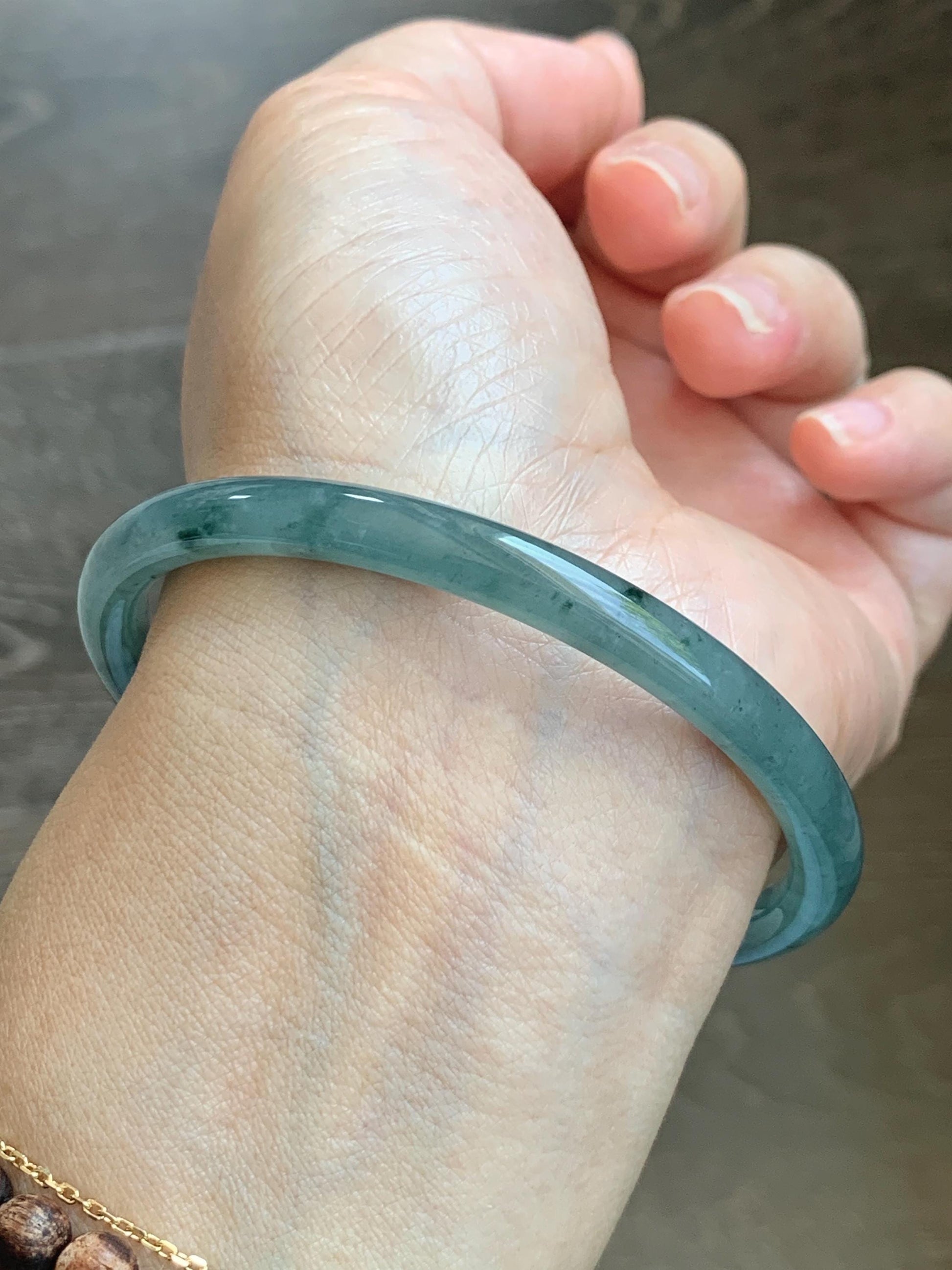 Certified Natural Grade A Guatemalan Icy Translucent Dusty Teal Green Jade Jadeite Slim Bangle 62.65mm 7.74” 22.85g 天然冰胶危蓝绿翡翠细圆条手镯 1219