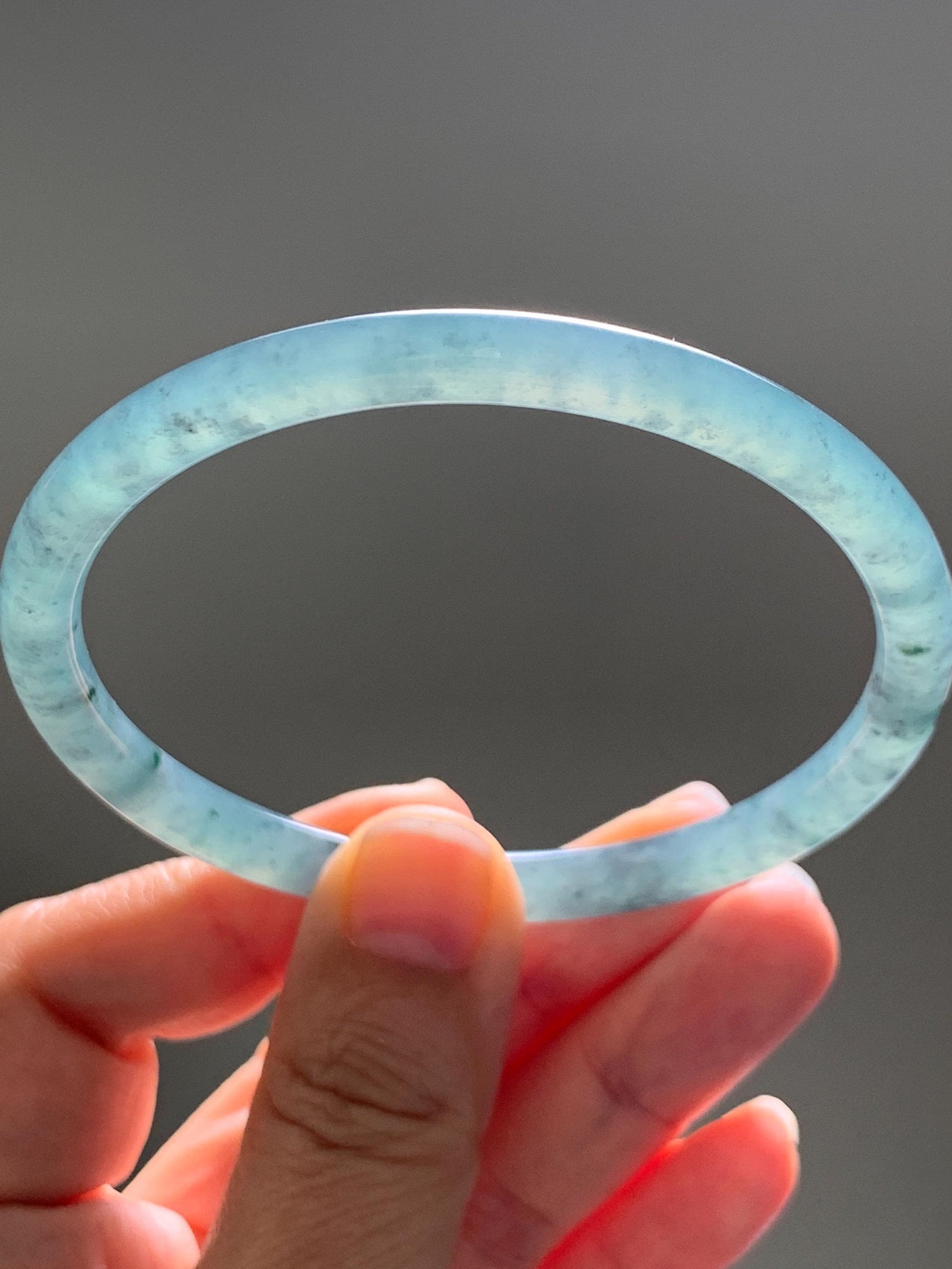 Certified Natural Grade A Guatemalan Icy Translucent Dusty Teal Green Jade Jadeite Slim Bangle 62.65mm 7.74” 22.85g 天然冰胶危蓝绿翡翠细圆条手镯 1219