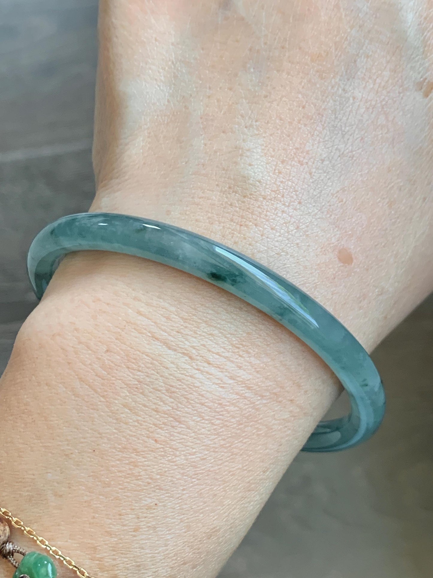 Certified Natural Grade A Guatemalan Icy Translucent Dusty Teal Green Jade Jadeite Slim Bangle 62.65mm 7.74” 22.85g 天然冰胶危蓝绿翡翠细圆条手镯 1219
