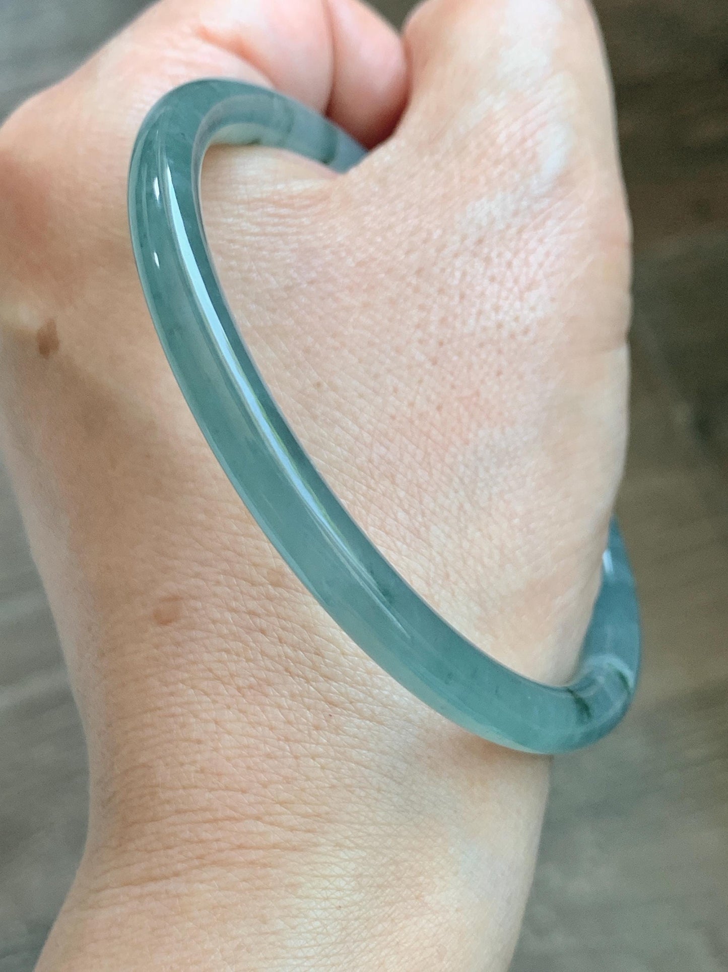 Certified Natural Grade A Guatemalan Icy Translucent Dusty Teal Green Jade Jadeite Slim Bangle 62.65mm 7.74” 22.85g 天然冰胶危蓝绿翡翠细圆条手镯 1219