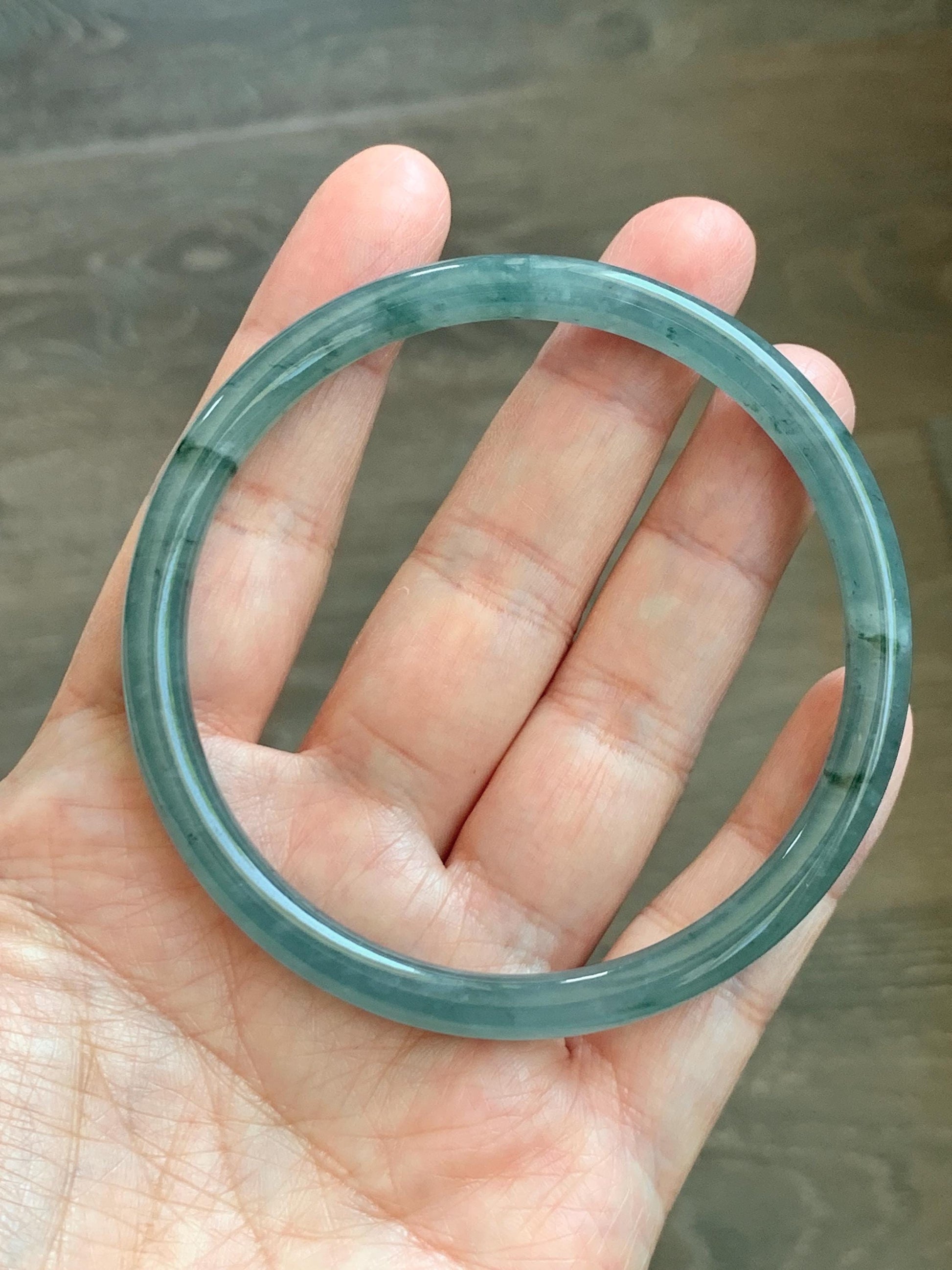 Certified Natural Grade A Guatemalan Icy Translucent Dusty Teal Green Jade Jadeite Slim Bangle 62.65mm 7.74” 22.85g 天然冰胶危蓝绿翡翠细圆条手镯 1219