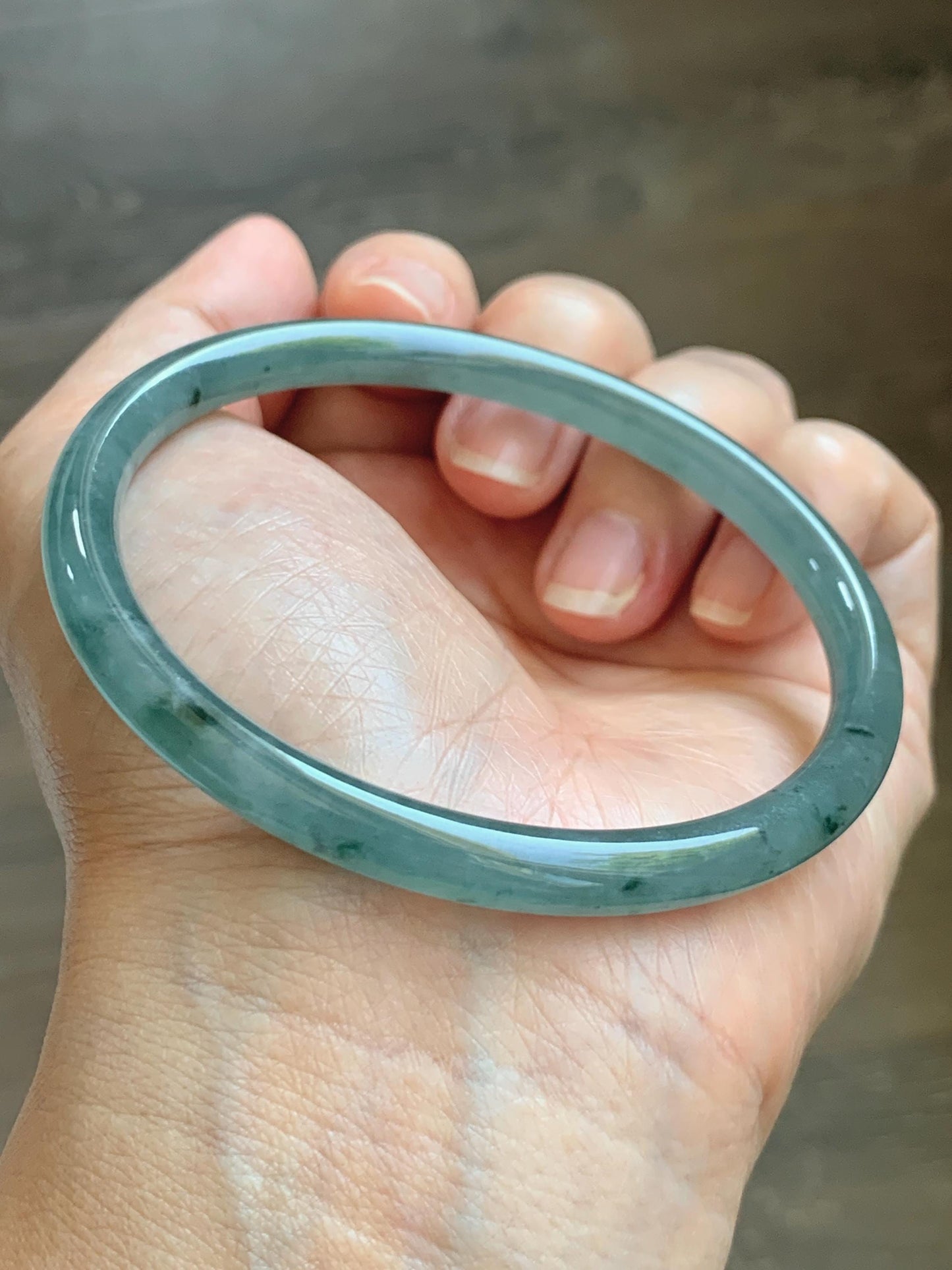 Certified Natural Grade A Guatemalan Icy Translucent Dusty Teal Green Jade Jadeite Slim Bangle 62.65mm 7.74” 22.85g 天然冰胶危蓝绿翡翠细圆条手镯 1219