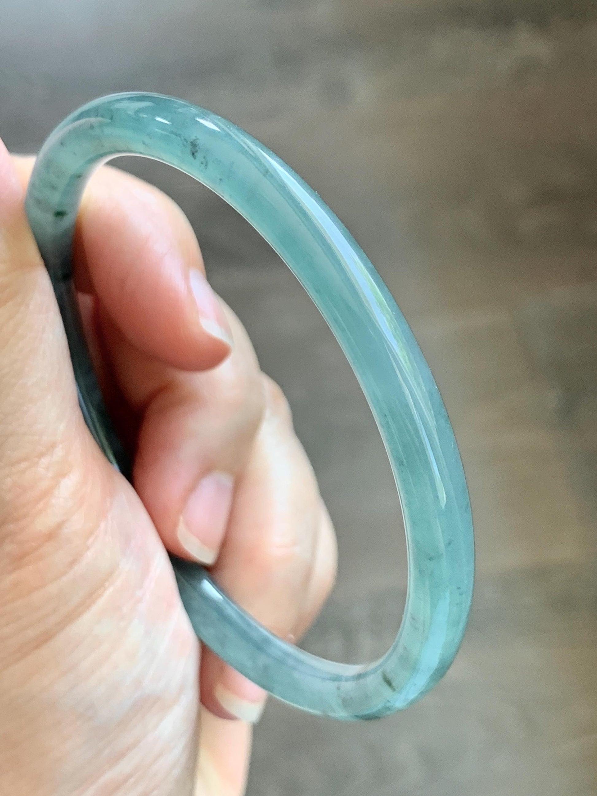 Certified Natural Grade A Guatemalan Icy Translucent Dusty Teal Green Jade Jadeite Slim Bangle 62.65mm 7.74” 22.85g 天然冰胶危蓝绿翡翠细圆条手镯 1219