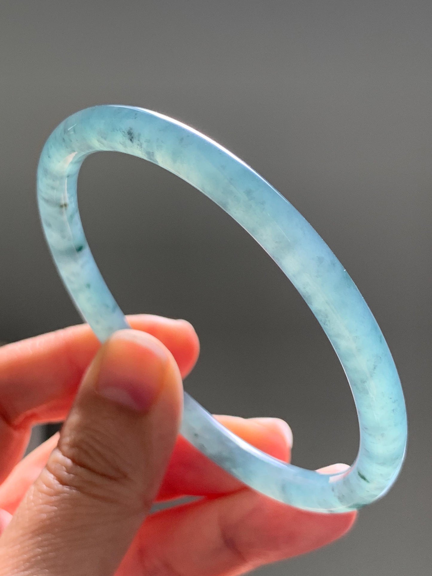 Certified Natural Grade A Guatemalan Icy Translucent Dusty Teal Green Jade Jadeite Slim Bangle 62.65mm 7.74” 22.85g 天然冰胶危蓝绿翡翠细圆条手镯 1219