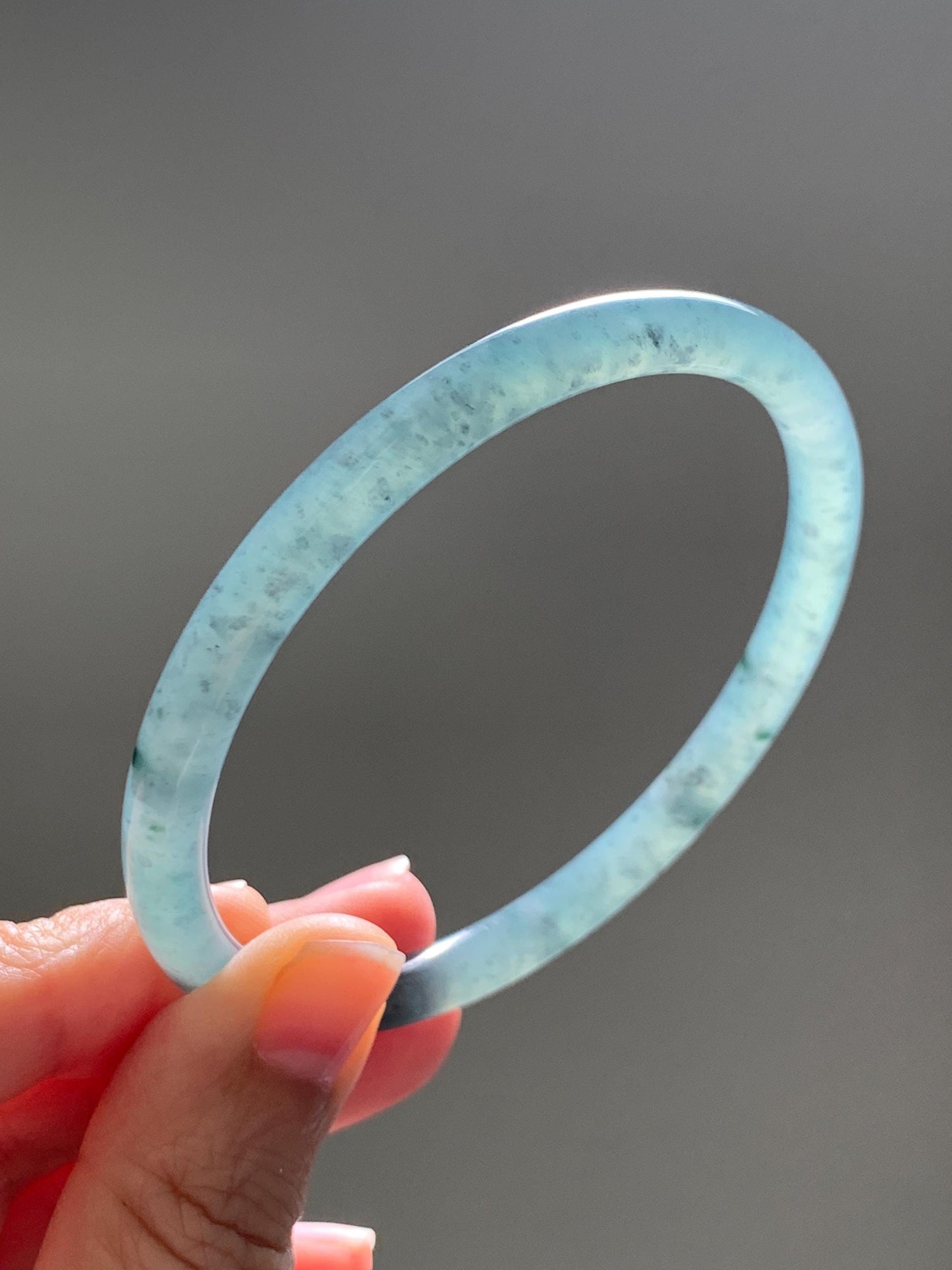 Certified Natural Grade A Guatemalan Icy Translucent Dusty Teal Green Jade Jadeite Slim Bangle 62.65mm 7.74” 22.85g 天然冰胶危蓝绿翡翠细圆条手镯 1219