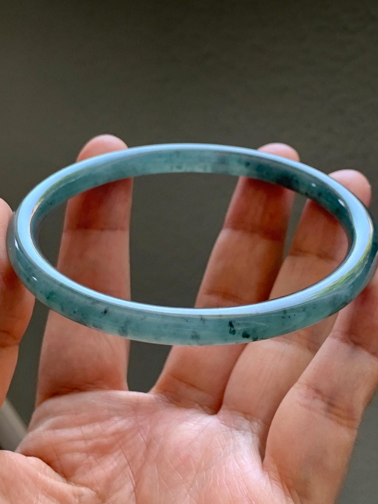Certified Natural Grade A Guatemalan Icy Translucent Dusty Teal Green Jade Jadeite Slim Bangle 62.58mm 7.74” 23g 天然冰胶危蓝绿翡翠细圆条手镯 1171