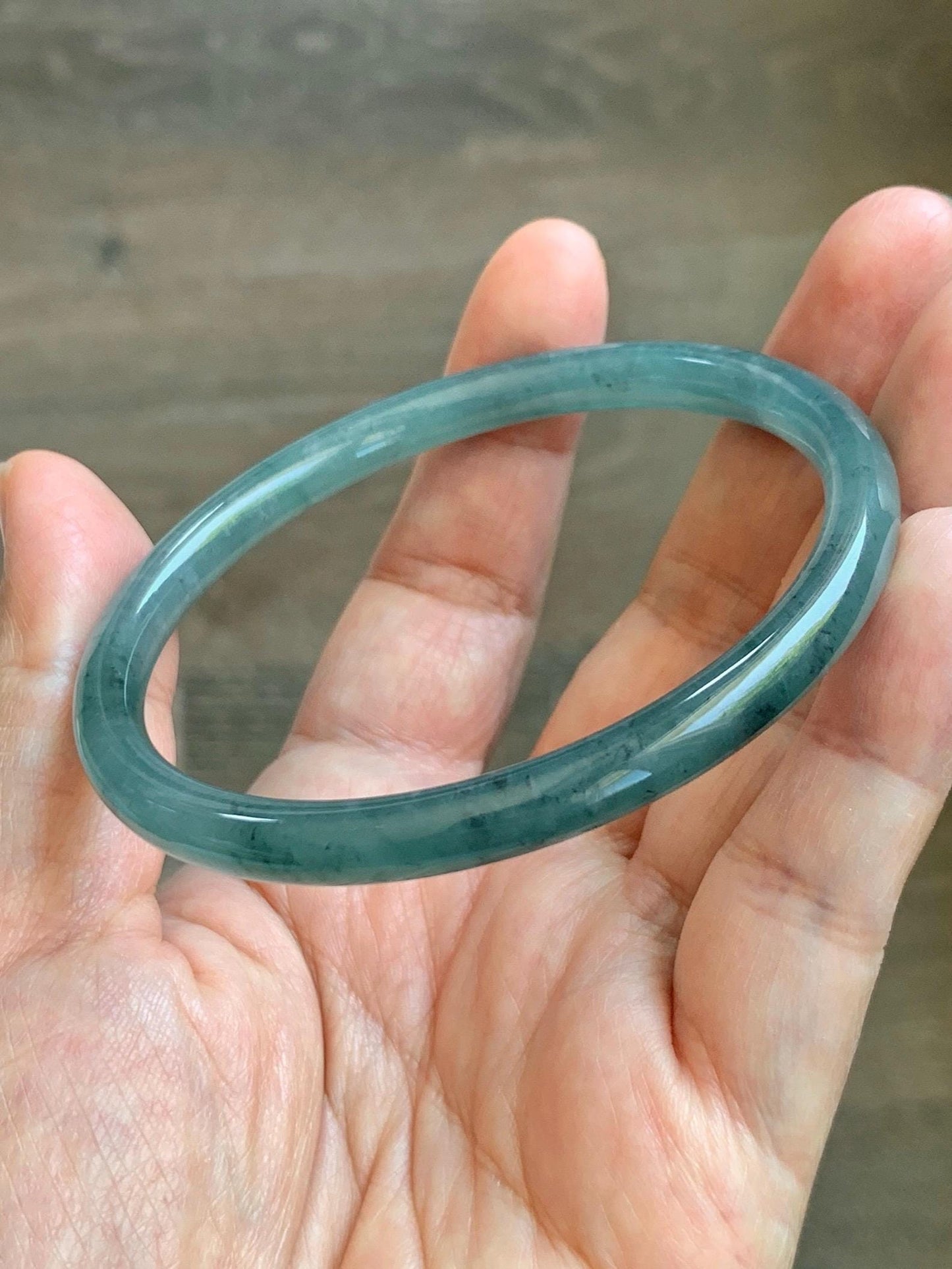 Certified Natural Grade A Guatemalan Icy Translucent Dusty Teal Green Jade Jadeite Slim Bangle 62.58mm 7.74” 23g 天然冰胶危蓝绿翡翠细圆条手镯 1171