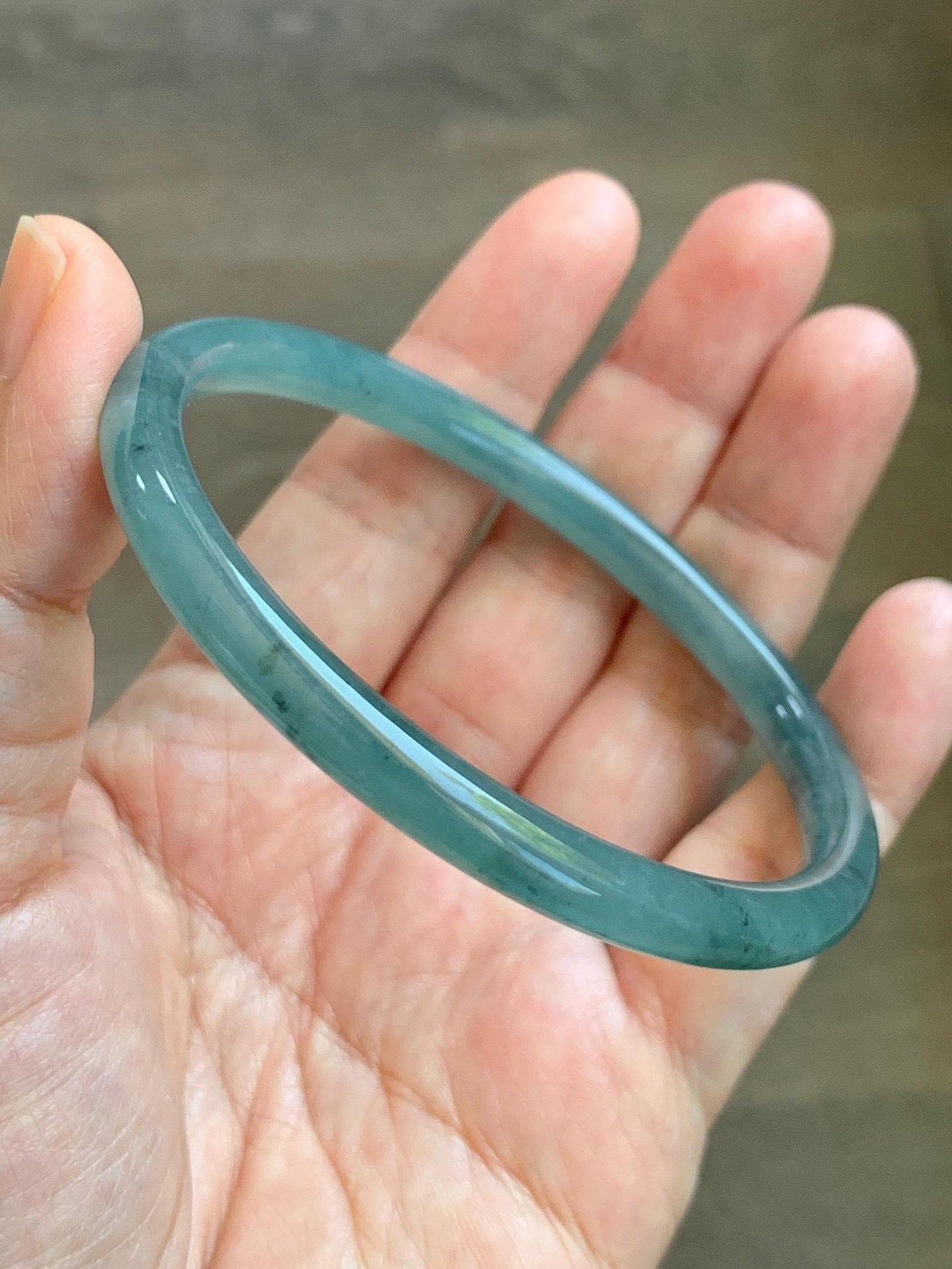 Certified Natural Grade A Guatemalan Icy Translucent Dusty Teal Green Jade Jadeite Slim Bangle 62.58mm 7.74” 23g 天然冰胶危蓝绿翡翠细圆条手镯 1171