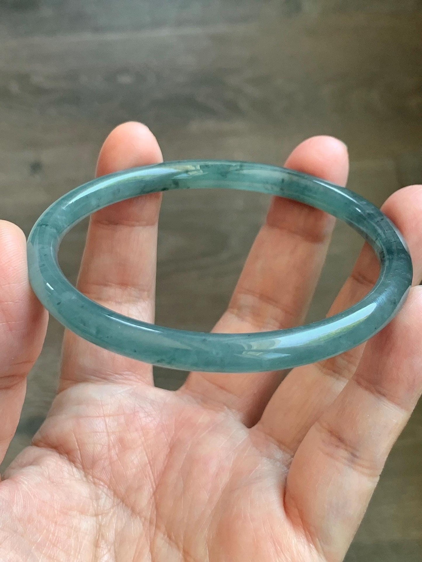 Certified Natural Grade A Guatemalan Icy Translucent Dusty Teal Green Jade Jadeite Slim Bangle 62.58mm 7.74” 23g 天然冰胶危蓝绿翡翠细圆条手镯 1171