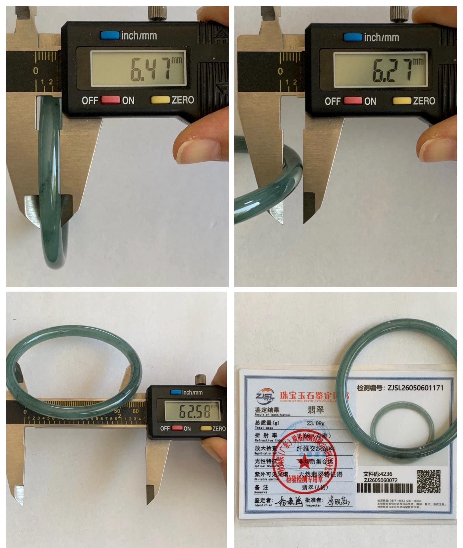 Certified Natural Grade A Guatemalan Icy Translucent Dusty Teal Green Jade Jadeite Slim Bangle 62.58mm 7.74” 23g 天然冰胶危蓝绿翡翠细圆条手镯 1171