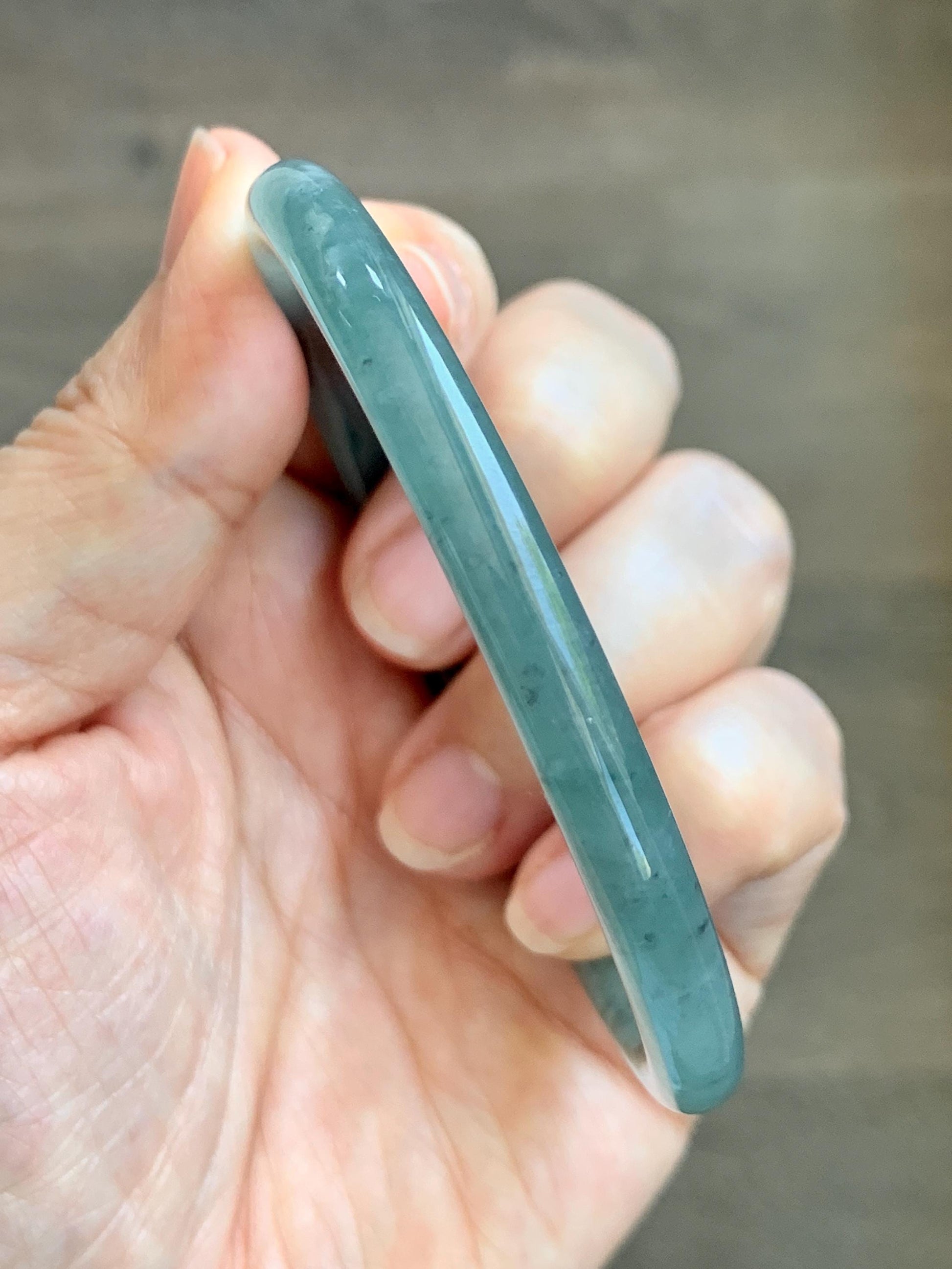 Certified Natural Grade A Guatemalan Icy Translucent Dusty Teal Green Jade Jadeite Slim Bangle 62.58mm 7.74” 23g 天然冰胶危蓝绿翡翠细圆条手镯 1171