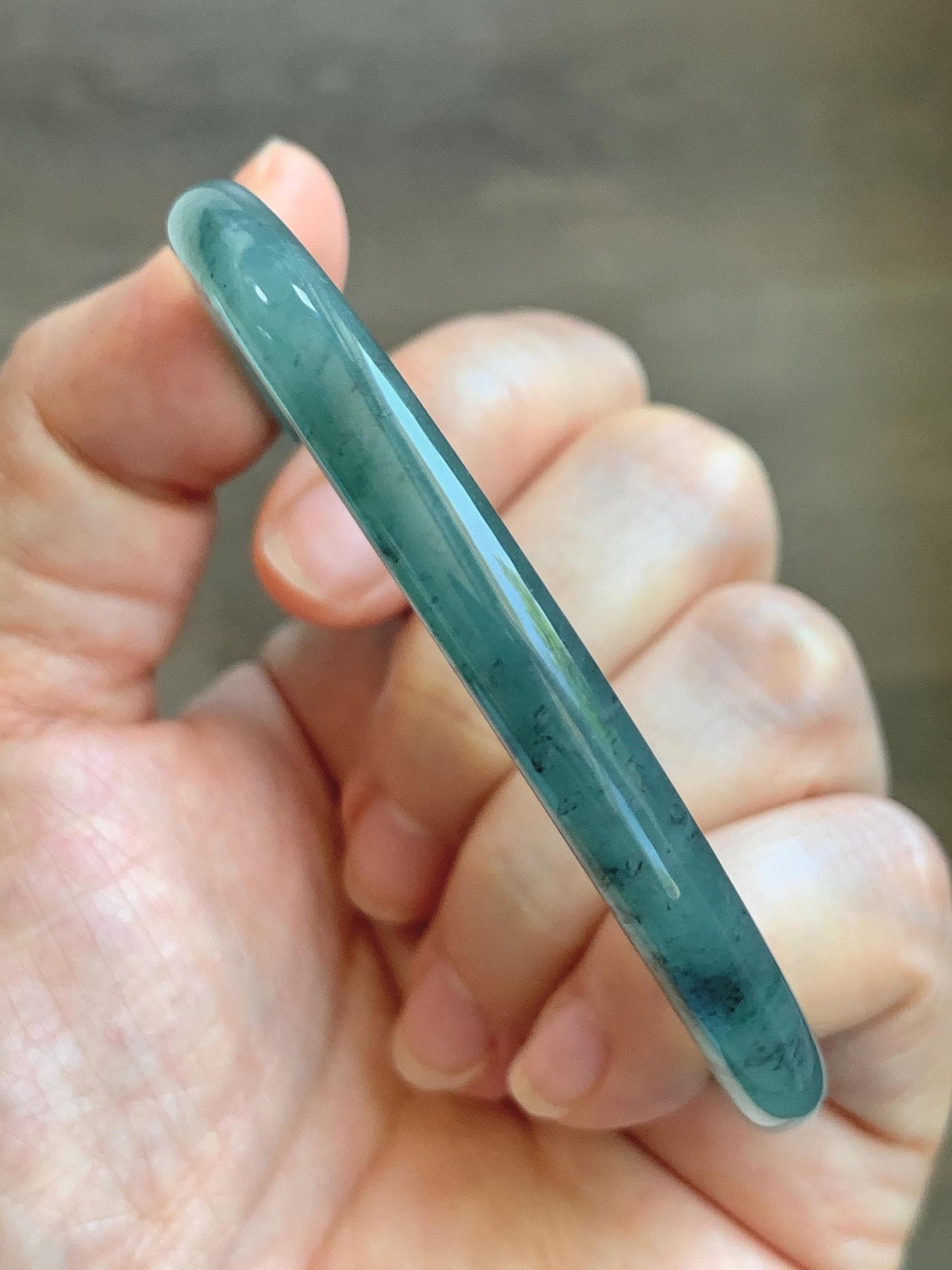 Certified Natural Grade A Guatemalan Icy Translucent Dusty Teal Green Jade Jadeite Slim Bangle 62.58mm 7.74” 23g 天然冰胶危蓝绿翡翠细圆条手镯 1171