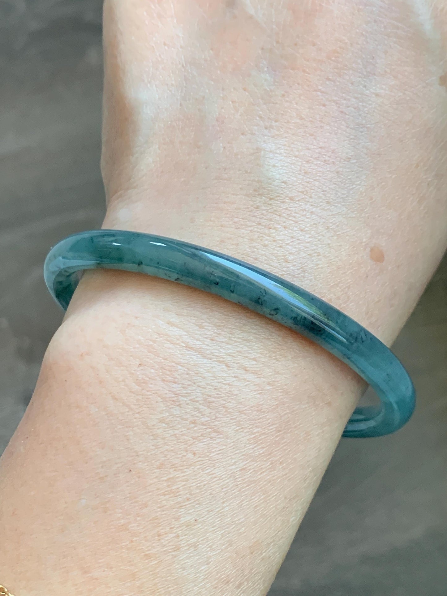 Certified Natural Grade A Guatemalan Icy Translucent Dusty Teal Green Jade Jadeite Slim Bangle 62.58mm 7.74” 23g 天然冰胶危蓝绿翡翠细圆条手镯 1171