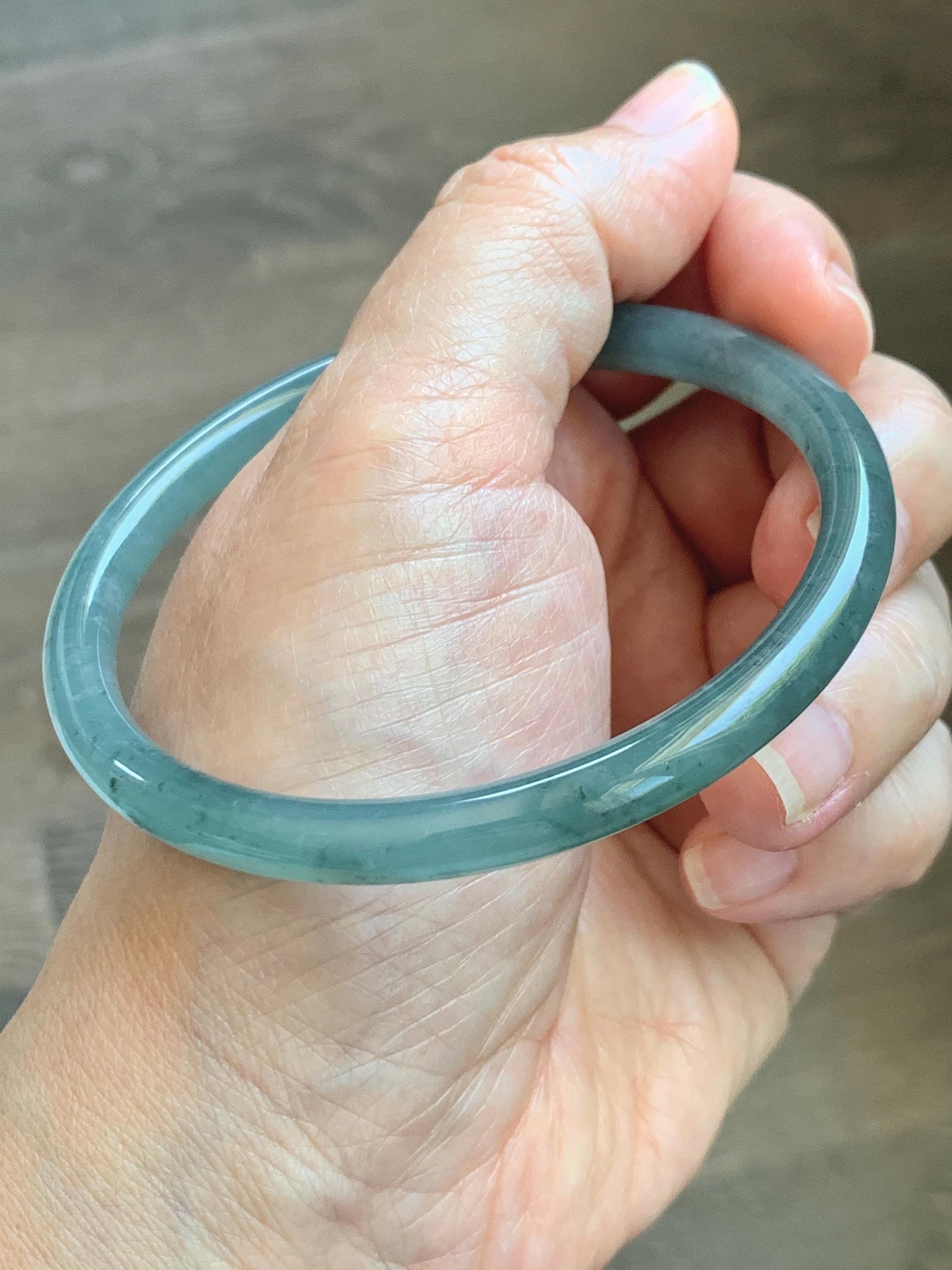 Certified Natural Grade A Guatemalan Icy Translucent Dusty Teal Green Jade Jadeite Slim Bangle 62.58mm 7.74” 23g 天然冰胶危蓝绿翡翠细圆条手镯 1171