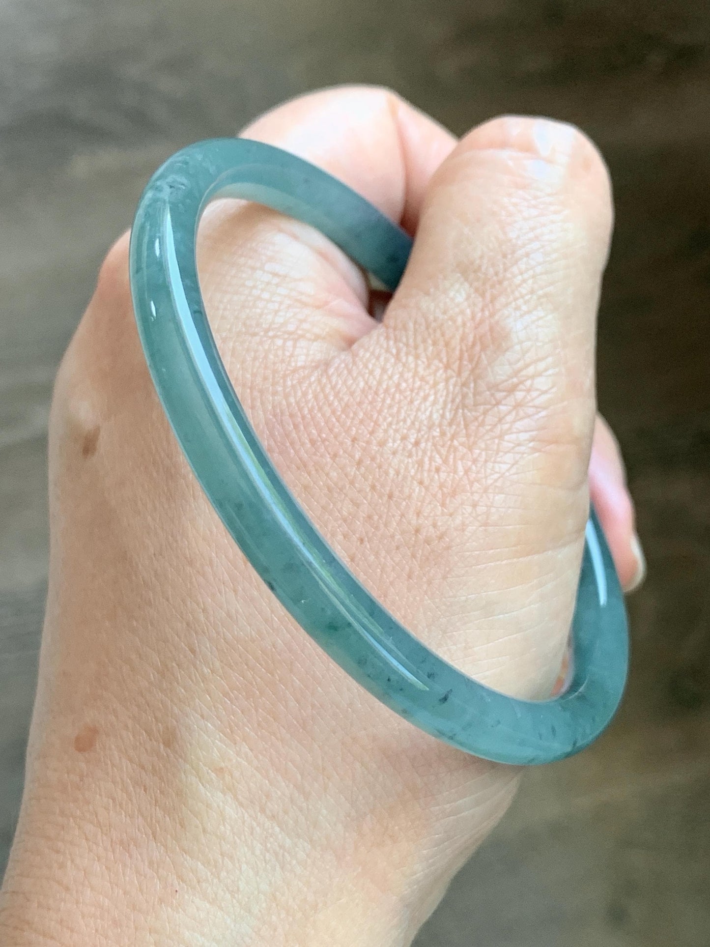 Certified Natural Grade A Guatemalan Icy Translucent Dusty Teal Green Jade Jadeite Slim Bangle 62.58mm 7.74” 23g 天然冰胶危蓝绿翡翠细圆条手镯 1171