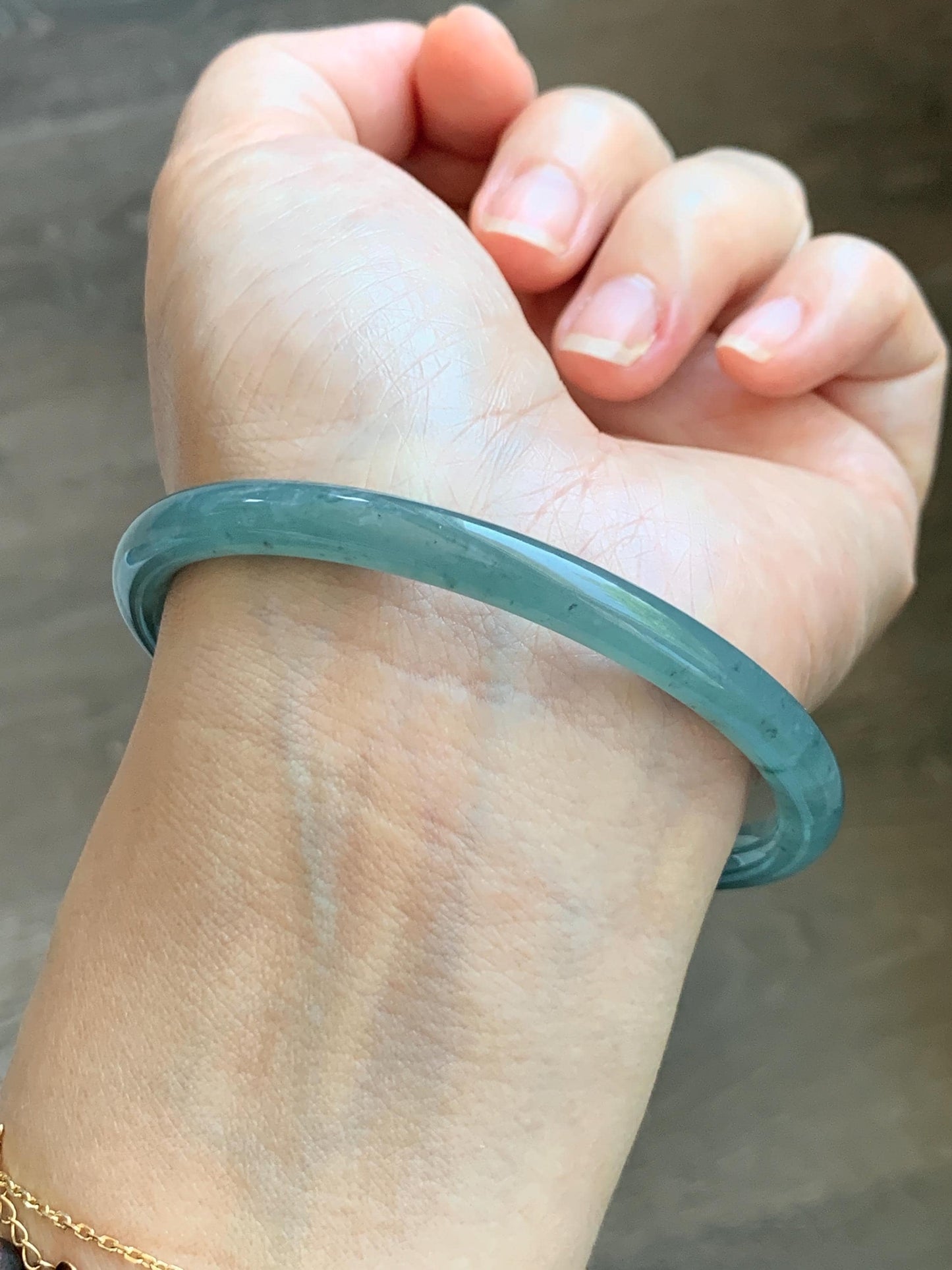 Certified Natural Grade A Guatemalan Icy Translucent Dusty Teal Green Jade Jadeite Slim Bangle 62.58mm 7.74” 23g 天然冰胶危蓝绿翡翠细圆条手镯 1171