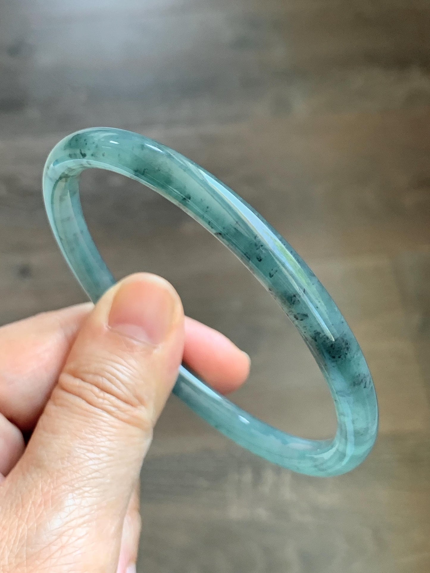 Certified Natural Grade A Guatemalan Icy Translucent Dusty Teal Green Jade Jadeite Slim Bangle 62.58mm 7.74” 23g 天然冰胶危蓝绿翡翠细圆条手镯 1171