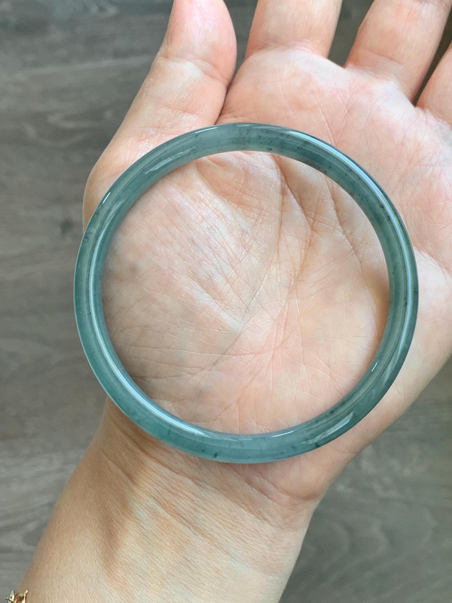 Certified Natural Grade A Guatemalan Icy Translucent Dusty Teal Green Jade Jadeite Slim Bangle 62.58mm 7.74” 23g 天然冰胶危蓝绿翡翠细圆条手镯 1171