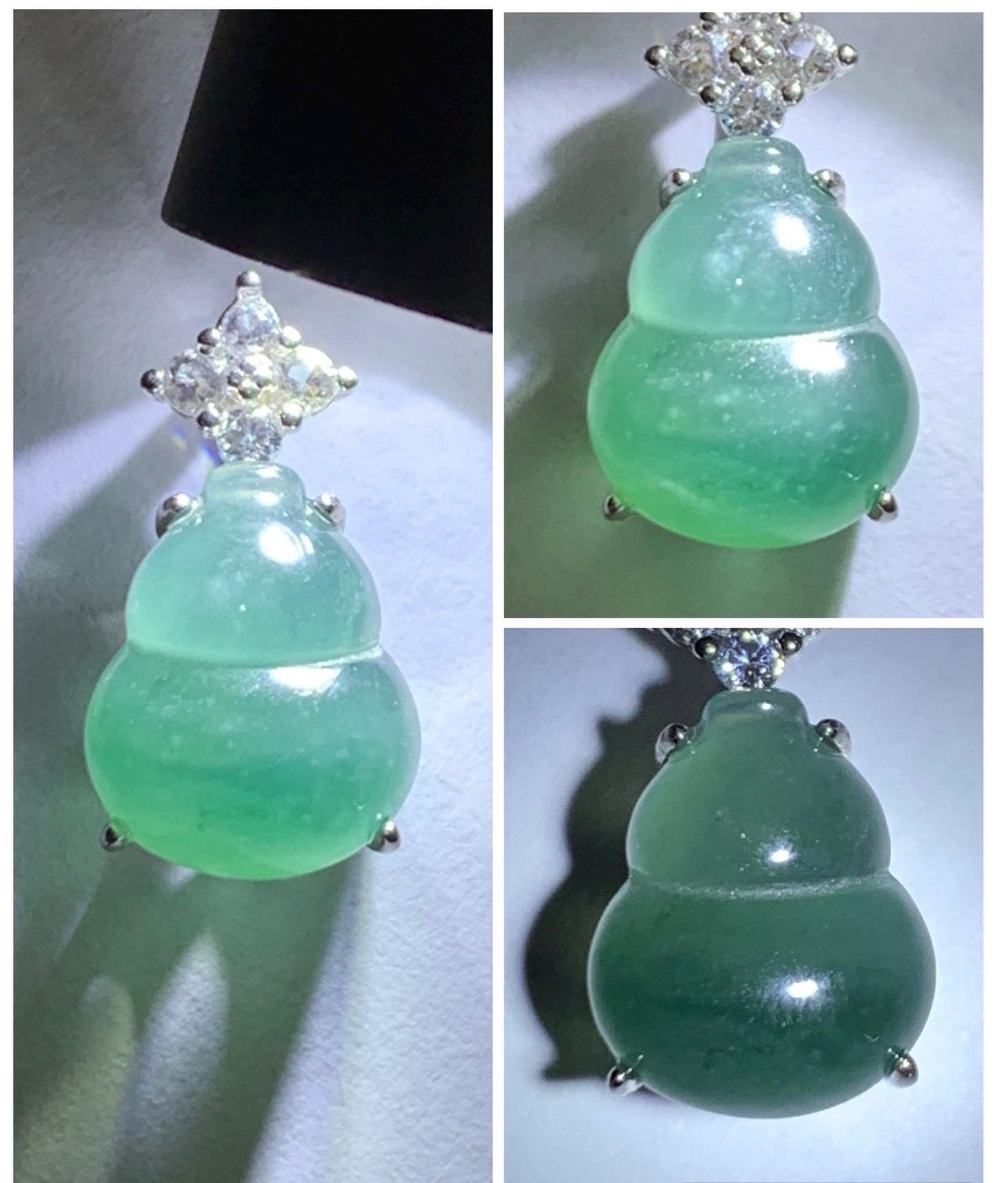 Natural Grade A Guatemalan Icy Translucent Dark Dusty Teal Green Jade Jadeite Gourd Hulu Pendant Sterling Silver 天然冰危深蓝绿翡翠葫芦吊坠 WXH77A
