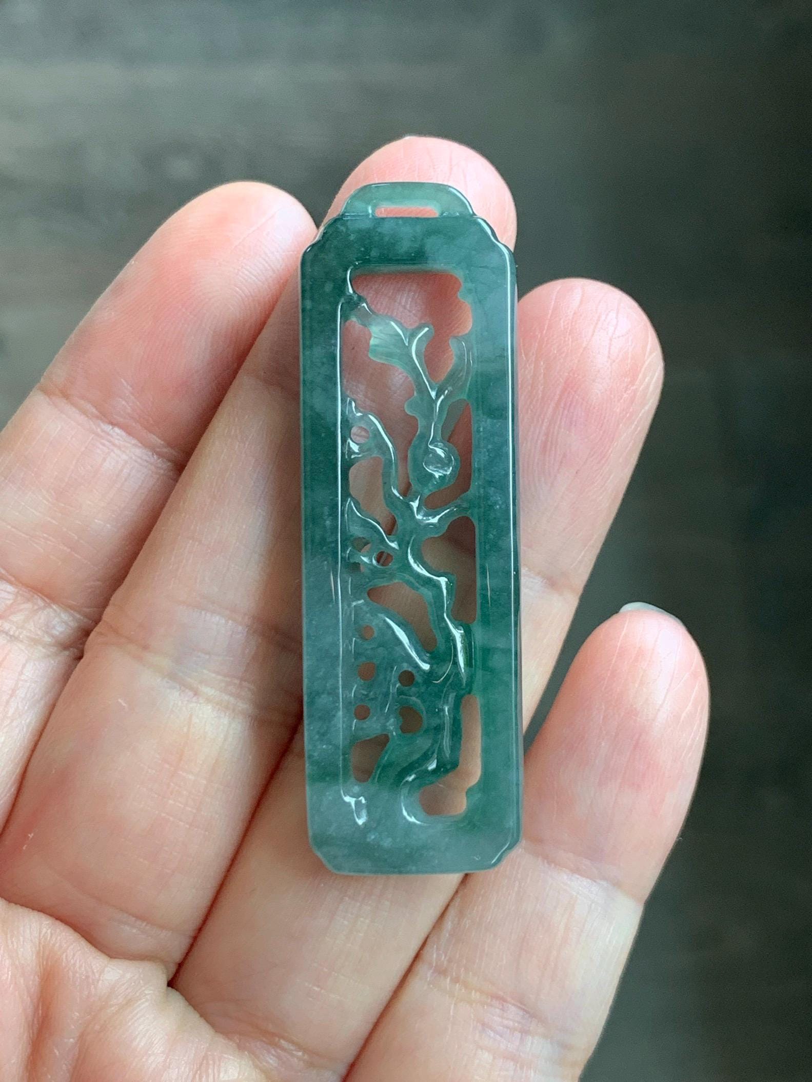 Natural Grade A Guatemalan Icy Translucent Dusty Teal Green Jade Jadeite Carved Cherry Blossom Pendant