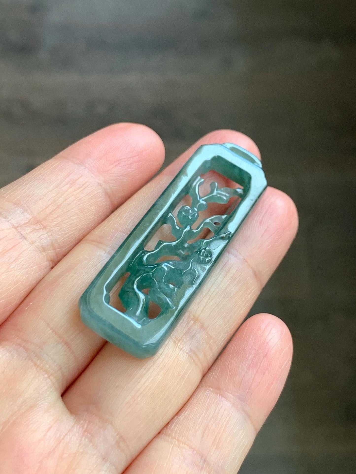 Natural Grade A Guatemalan Icy Translucent Dusty Teal Green Jade Jadeite Carved Cherry Blossom Pendant
