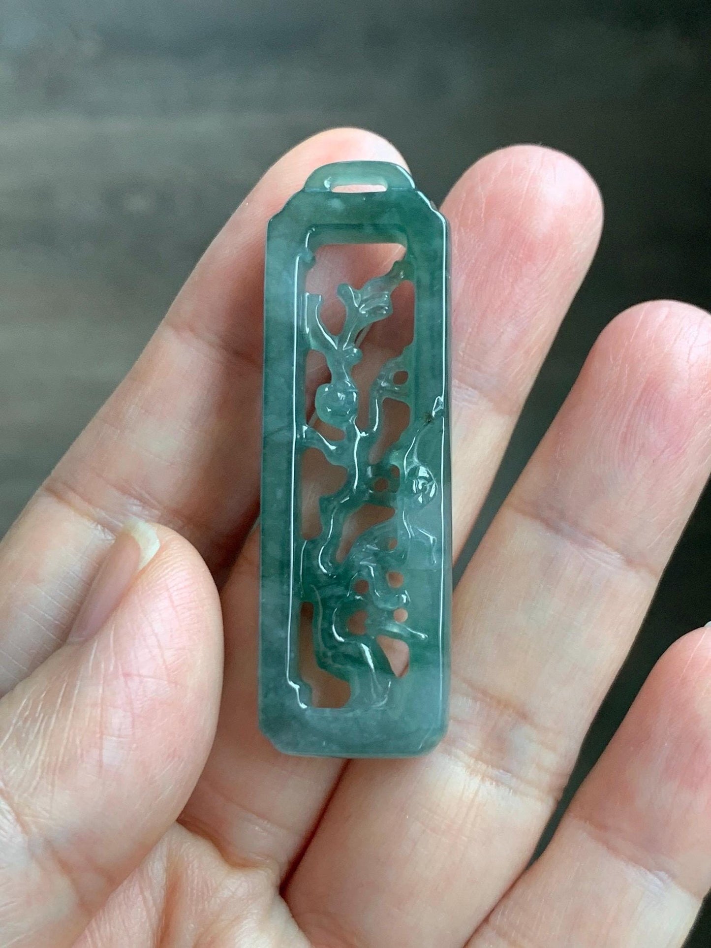 Natural Grade A Guatemalan Icy Translucent Dusty Teal Green Jade Jadeite Carved Cherry Blossom Pendant
