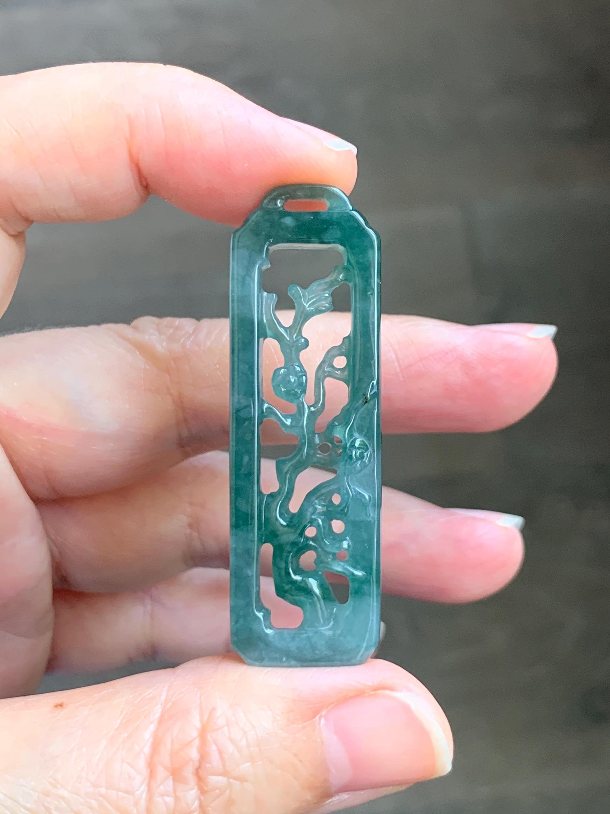 Natural Grade A Guatemalan Icy Translucent Dusty Teal Green Jade Jadeite Carved Cherry Blossom Pendant