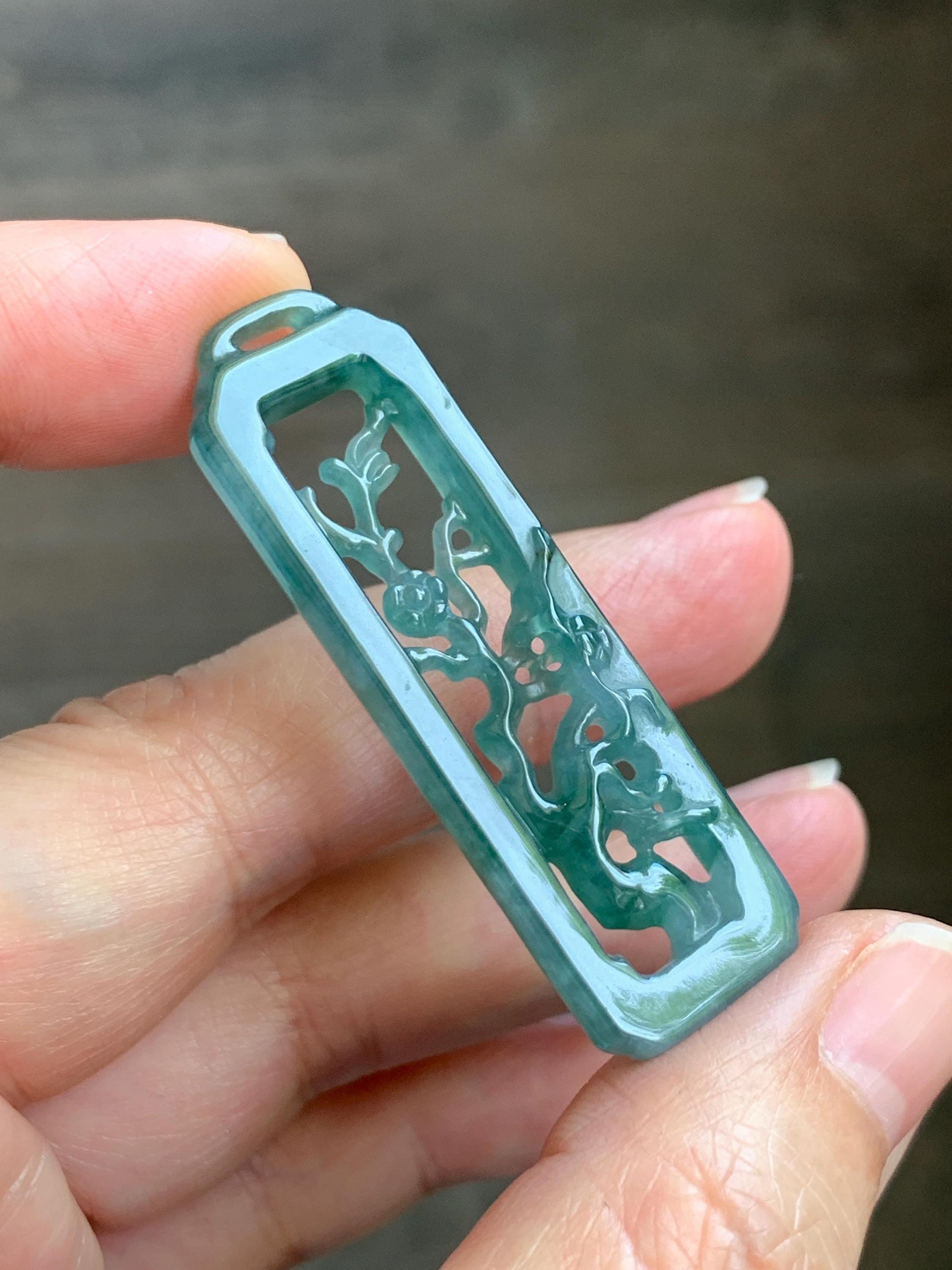 Natural Grade A Guatemalan Icy Translucent Dusty Teal Green Jade Jadeite Carved Cherry Blossom Pendant