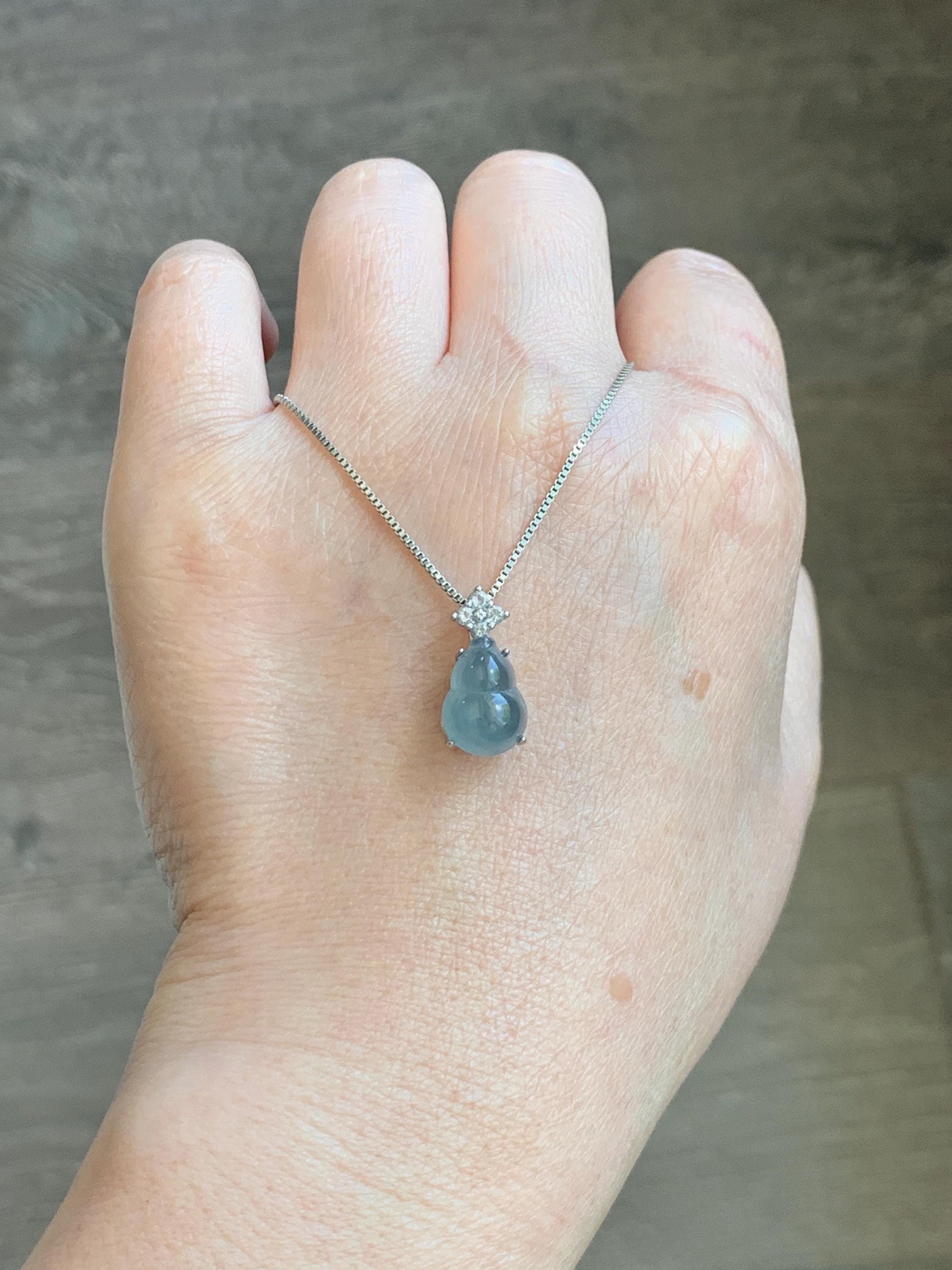 Natural Grade A Guatemalan Icy Translucent Dark Dusty Teal Blue Jade Jadeite Gourd Hulu Pendant Sterling Silver 天然冰危深蓝翡翠葫芦吊坠 WXH77B
