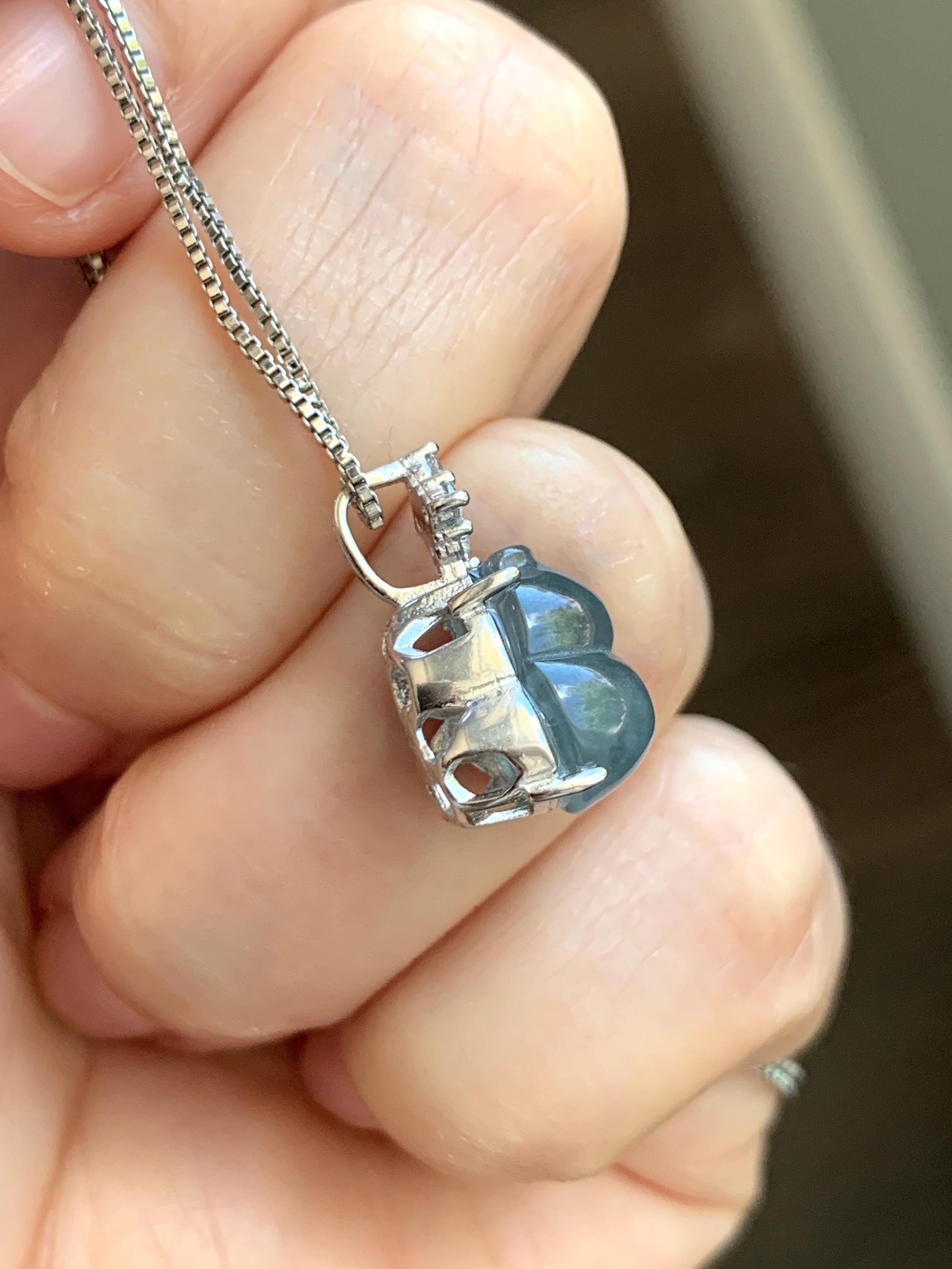 Natural Grade A Guatemalan Icy Translucent Dark Dusty Teal Blue Jade Jadeite Gourd Hulu Pendant Sterling Silver 天然冰危深蓝翡翠葫芦吊坠 WXH77B
