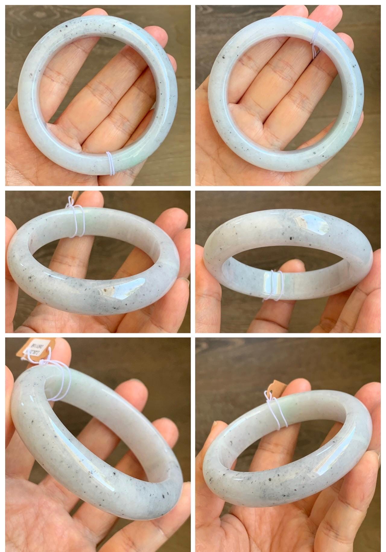 Certified Grade A Natural Icy Translucent White Green Marbled Jade Jadeite Wide Bangle Bracelet 56.38mm 6.97" 99.5g 天然冰胶白乌飘绿翡翠轮胎手镯 1168