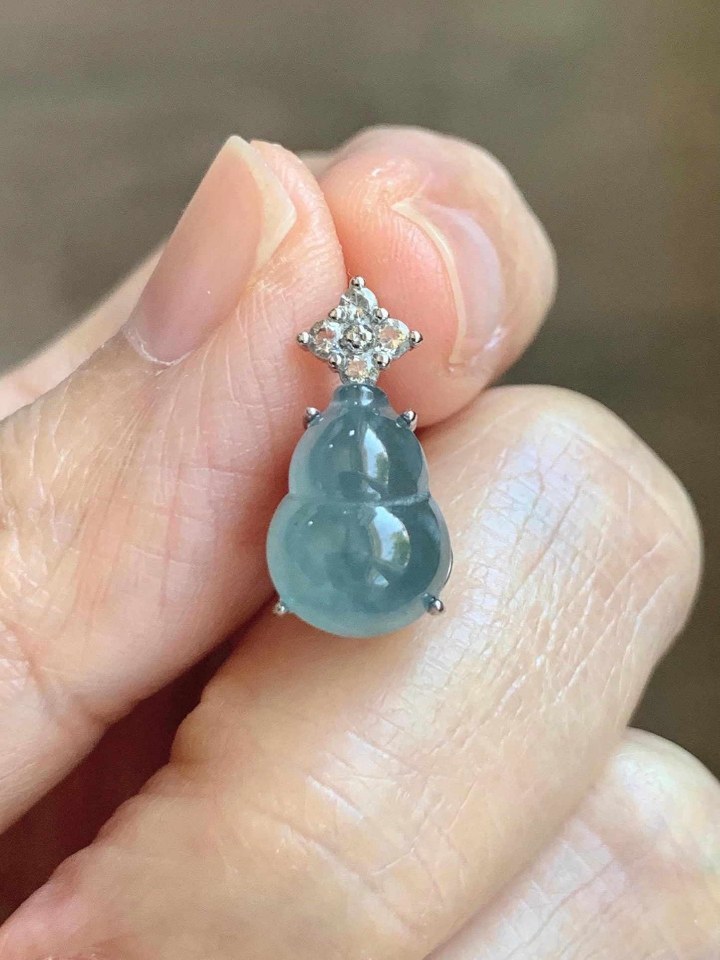 Natural Grade A Guatemalan Icy Translucent Dark Dusty Teal Blue Jade Jadeite Gourd Hulu Pendant Sterling Silver 天然冰危深蓝翡翠葫芦吊坠 WXH77B