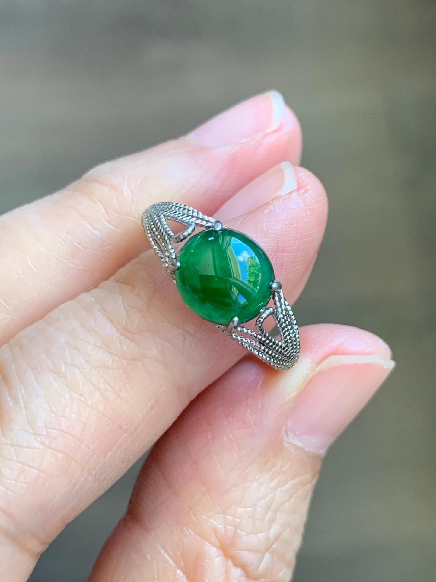 Natural Grade A Guatemalan Icy Translucent Vibrant Green Jade Jadeite Mermaid Tail Ring Sterling Silver Size Adjustable 天然冰危绿翡翠人鱼尾戒指 WLD107