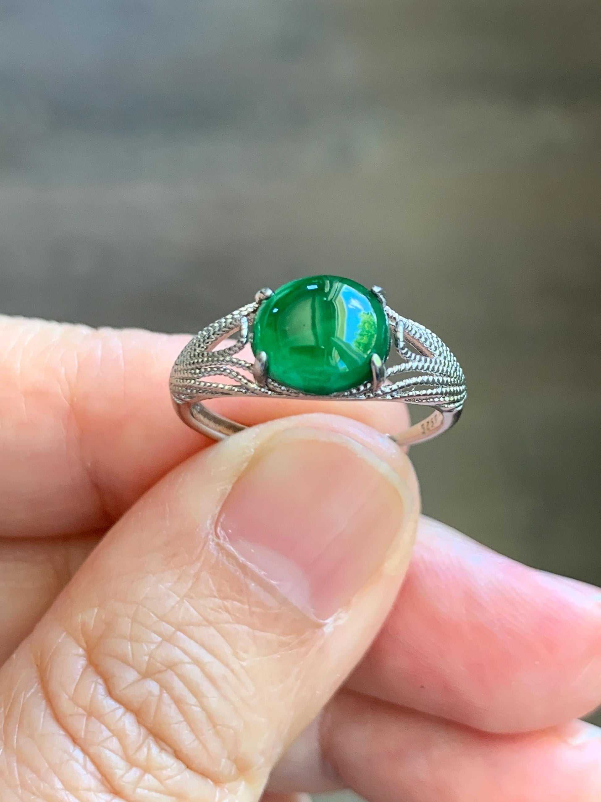 Natural Grade A Guatemalan Icy Translucent Vibrant Green Jade Jadeite Mermaid Tail Ring Sterling Silver Size Adjustable 天然冰危绿翡翠人鱼尾戒指 WLD107