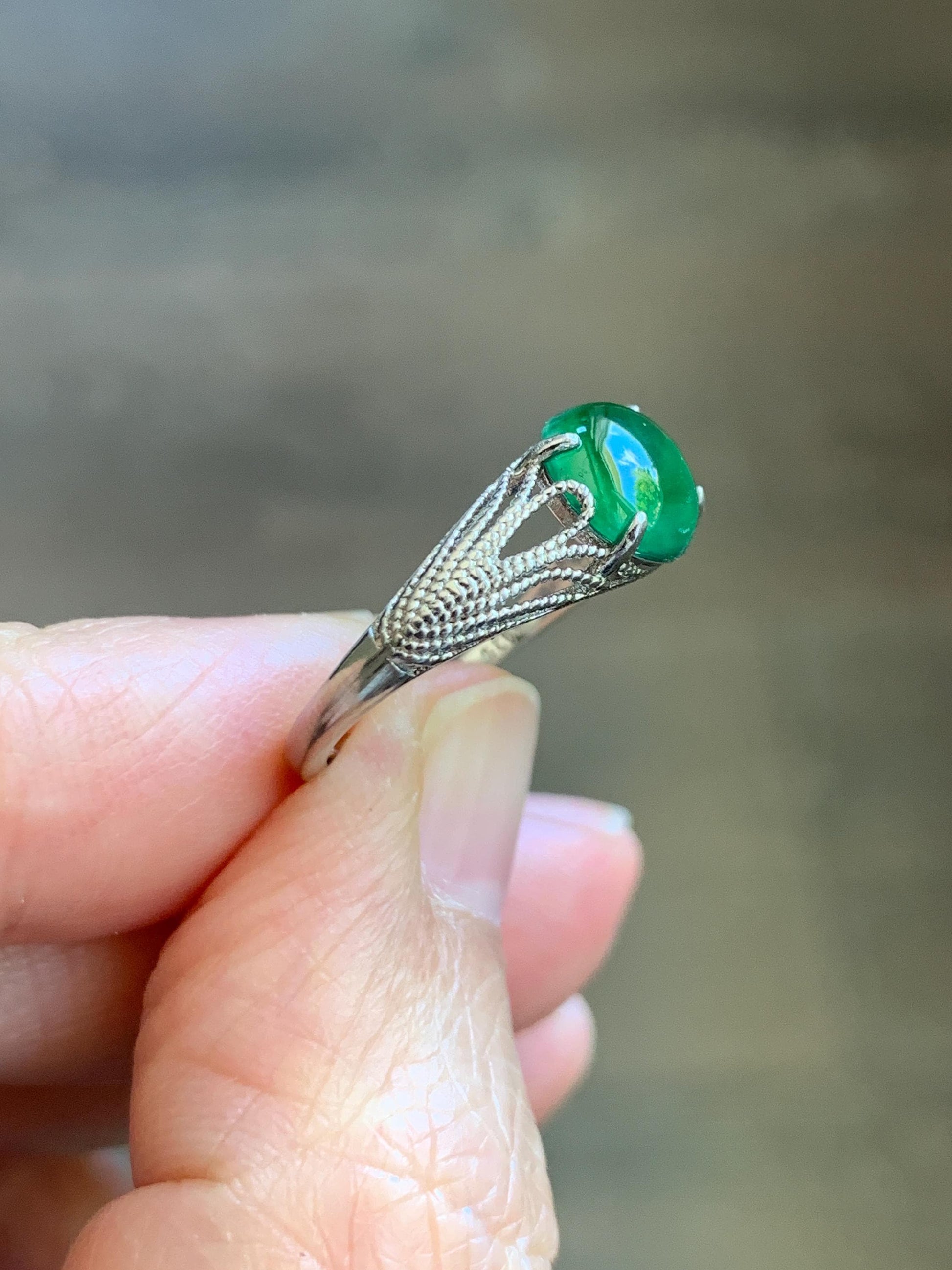 Natural Grade A Guatemalan Icy Translucent Vibrant Green Jade Jadeite Mermaid Tail Ring Sterling Silver Size Adjustable 天然冰危绿翡翠人鱼尾戒指 WLD107