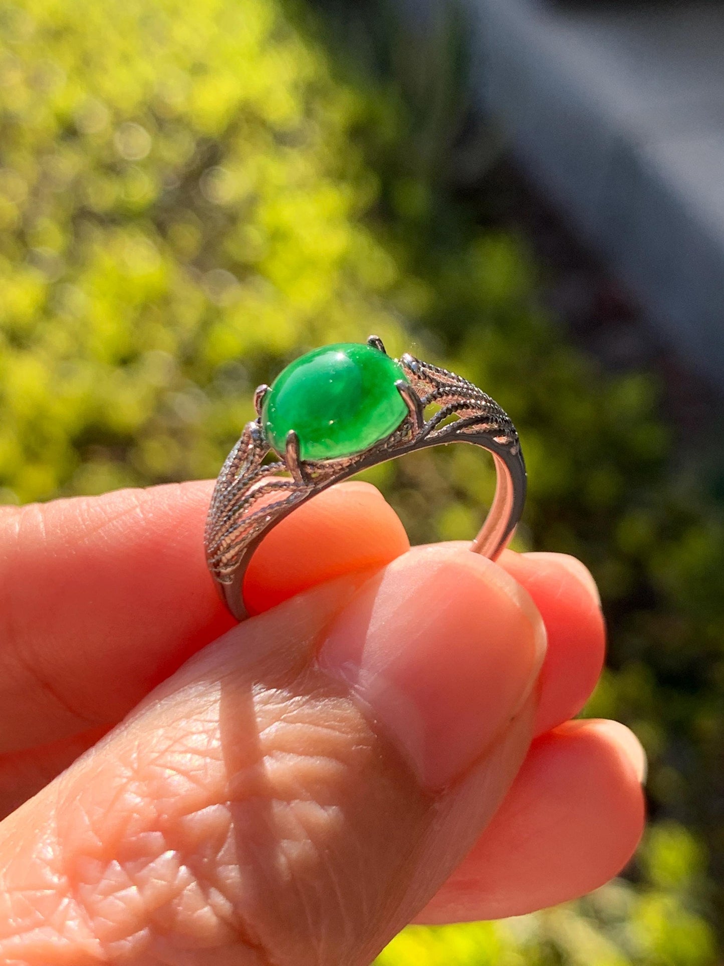 Natural Grade A Guatemalan Icy Translucent Vibrant Green Jade Jadeite Mermaid Tail Ring Sterling Silver Size Adjustable 天然冰危绿翡翠人鱼尾戒指 WLD107