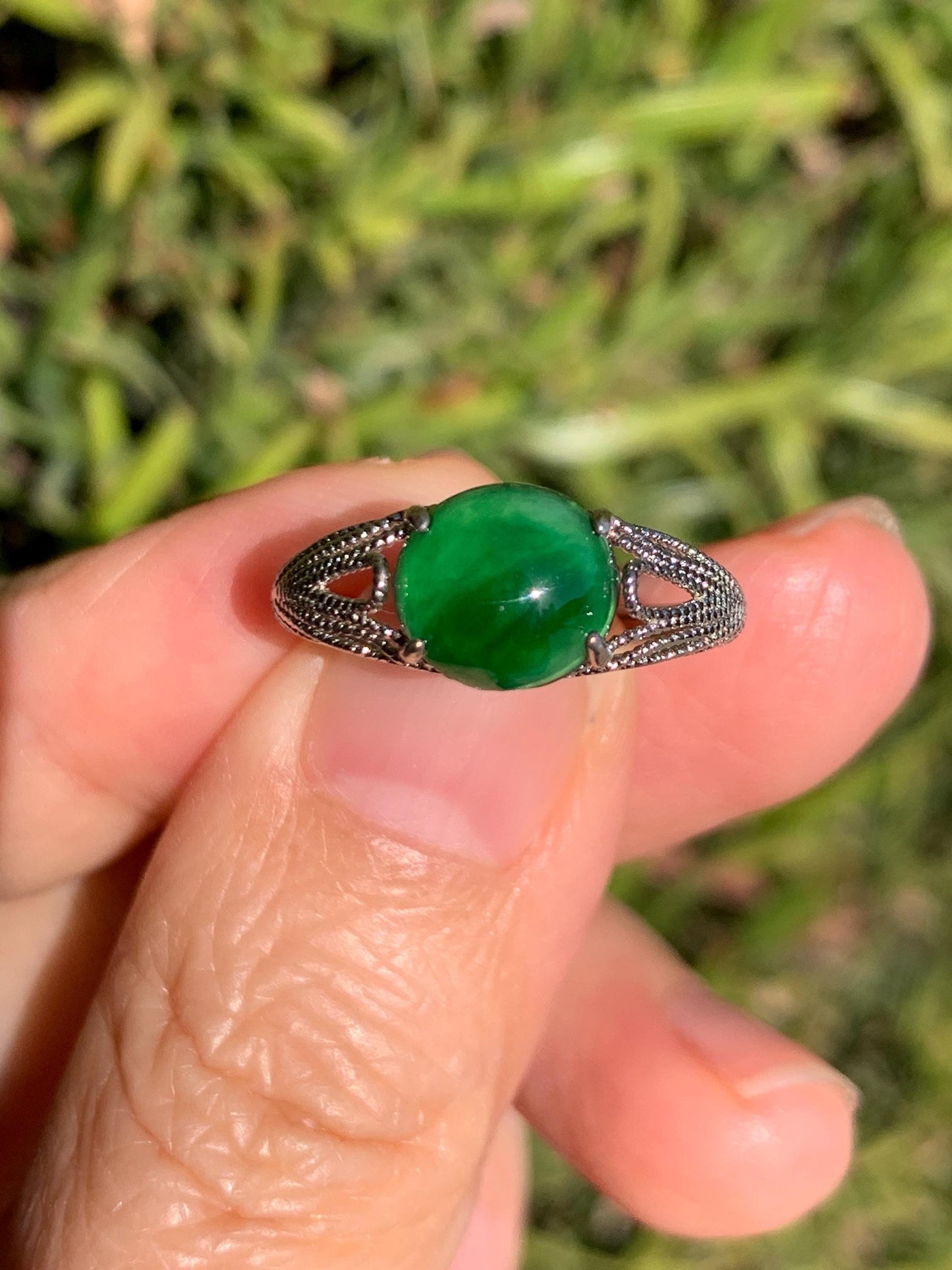 Natural Grade A Guatemalan Icy Translucent Vibrant Green Jade Jadeite Mermaid Tail Ring Sterling Silver Size Adjustable 天然冰危绿翡翠人鱼尾戒指 WLD107