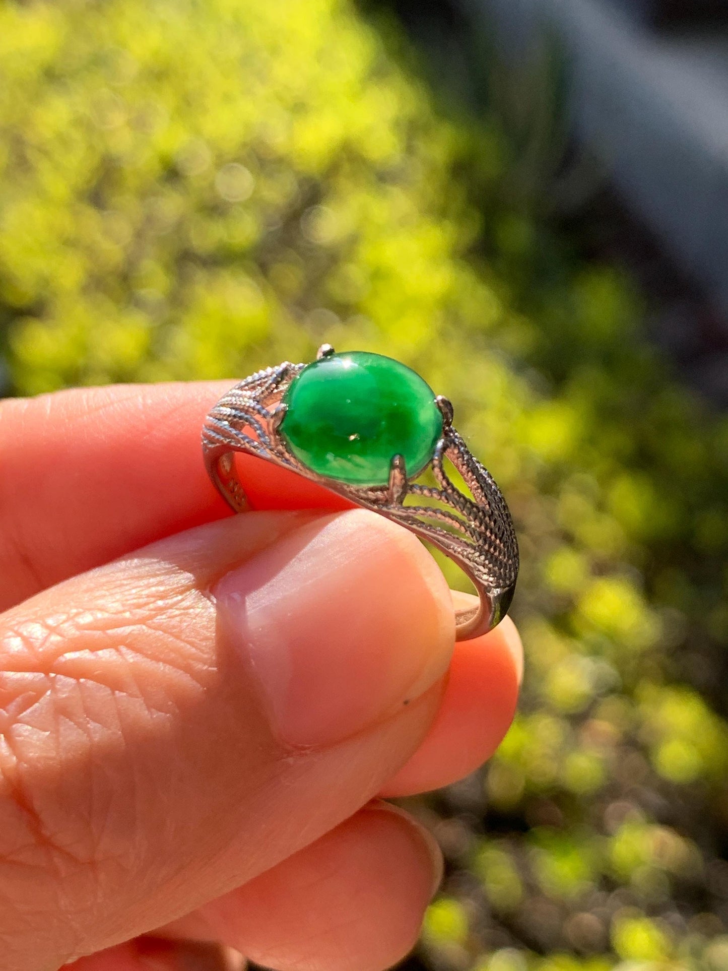 Natural Grade A Guatemalan Icy Translucent Vibrant Green Jade Jadeite Mermaid Tail Ring Sterling Silver Size Adjustable 天然冰危绿翡翠人鱼尾戒指 WLD107