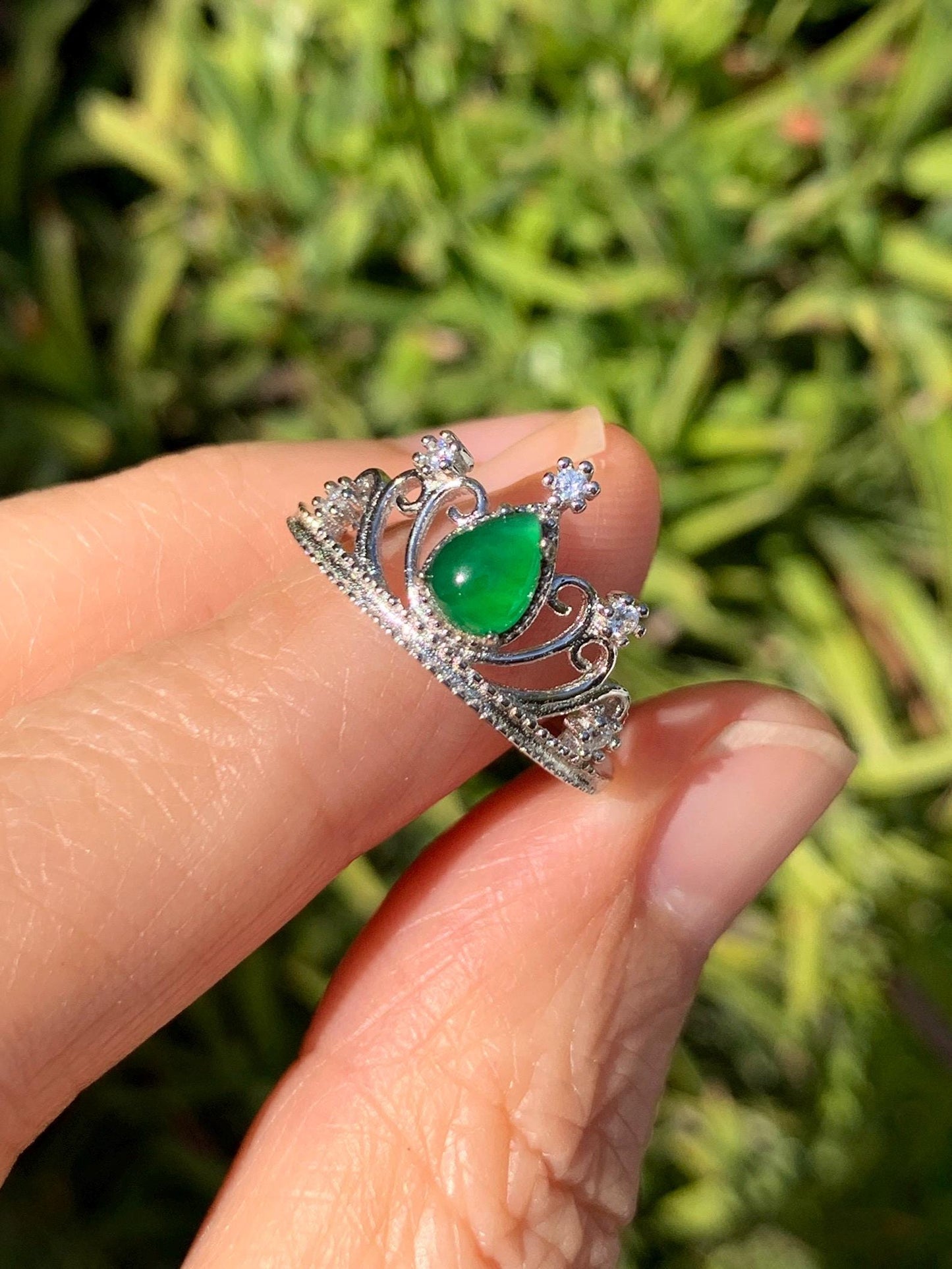 Natural Grade A Guatemalan Icy Translucent Vibrant Green Jade Jadeite Crown Ring Sterling Silver Size Adjustable 天然冰危绿翡翠皇冠戒指 WHG77